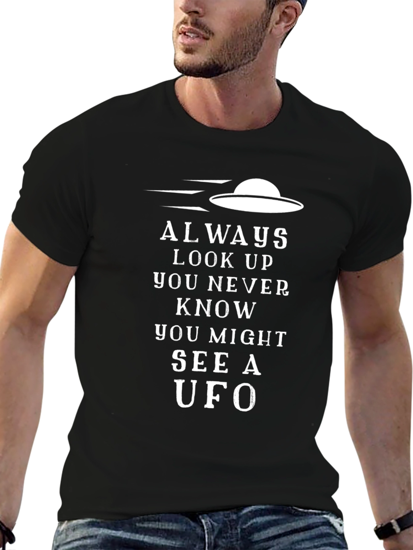 Black Always Look Up UFO Graphic Black T-Shirt view 6