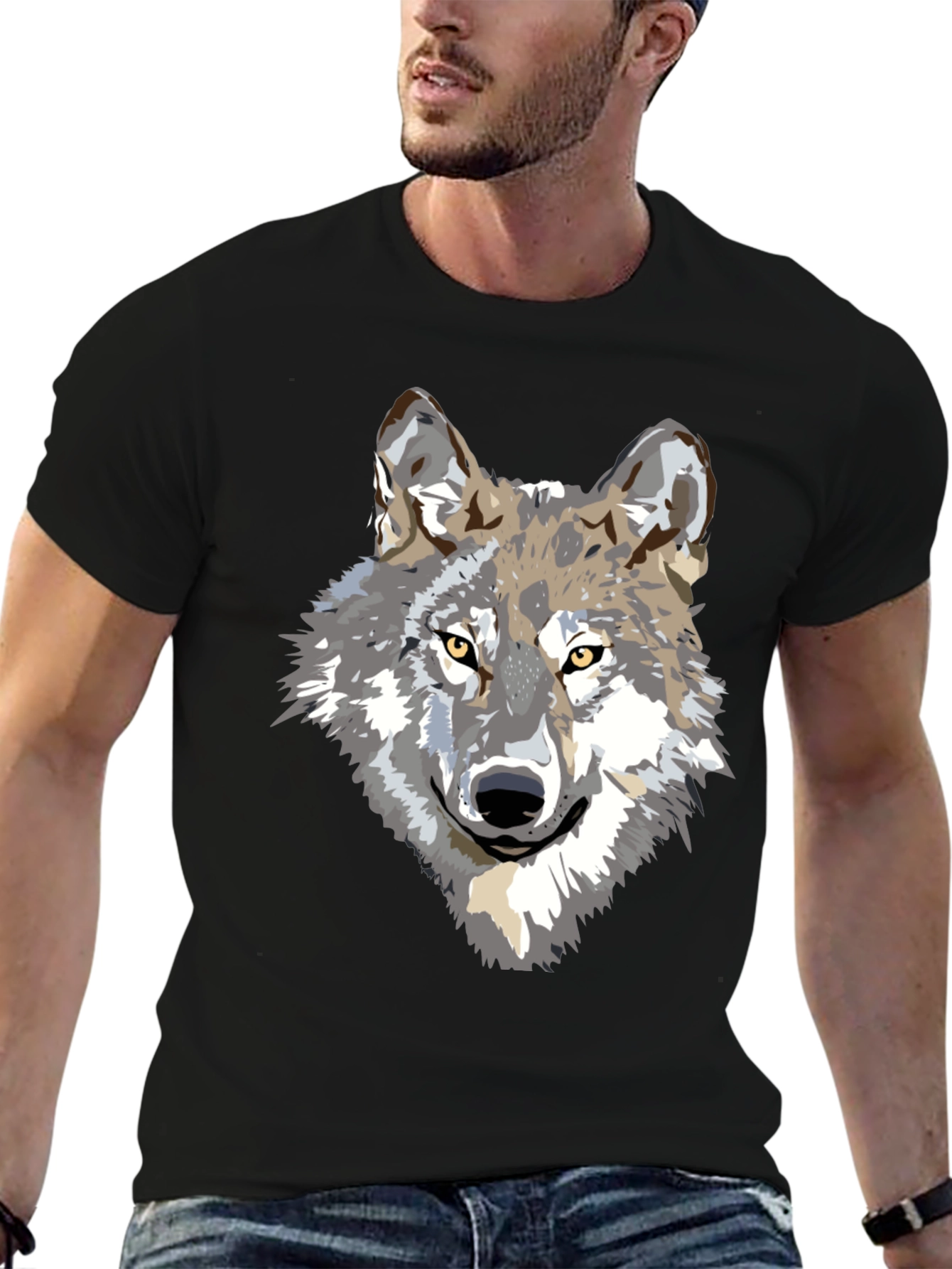 Black Men's Black T-Shirt with Wolf Graphic view 6