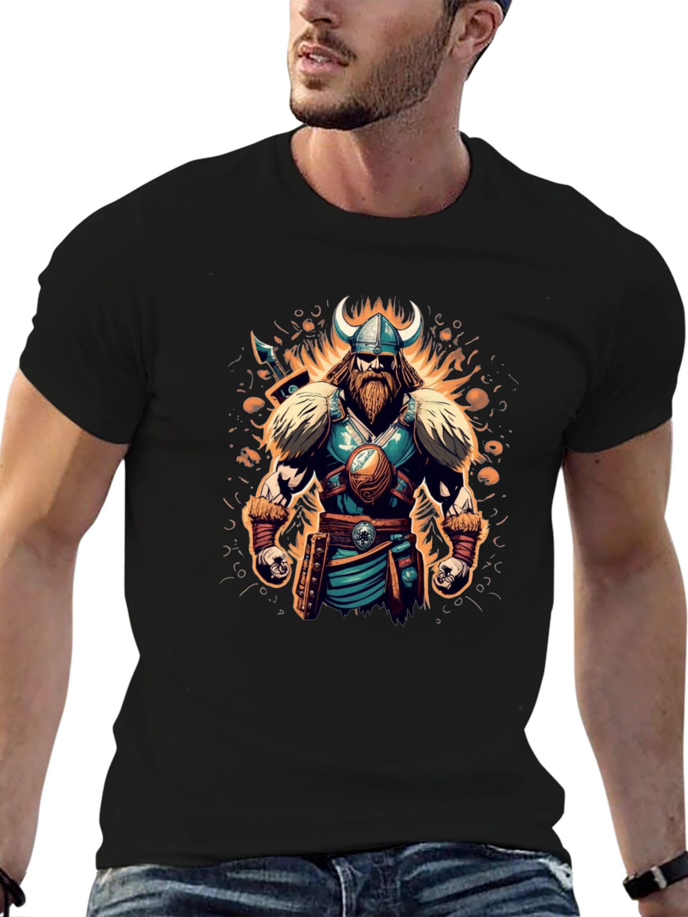 Black Viking Warrior Graphic Tee - Black Cotton Blend view 6