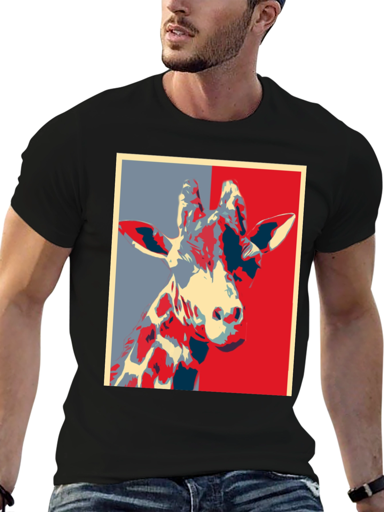 Black Giraffe Pop Art Graphic Tee - Trendy Crew Neck T-Shirt view 6