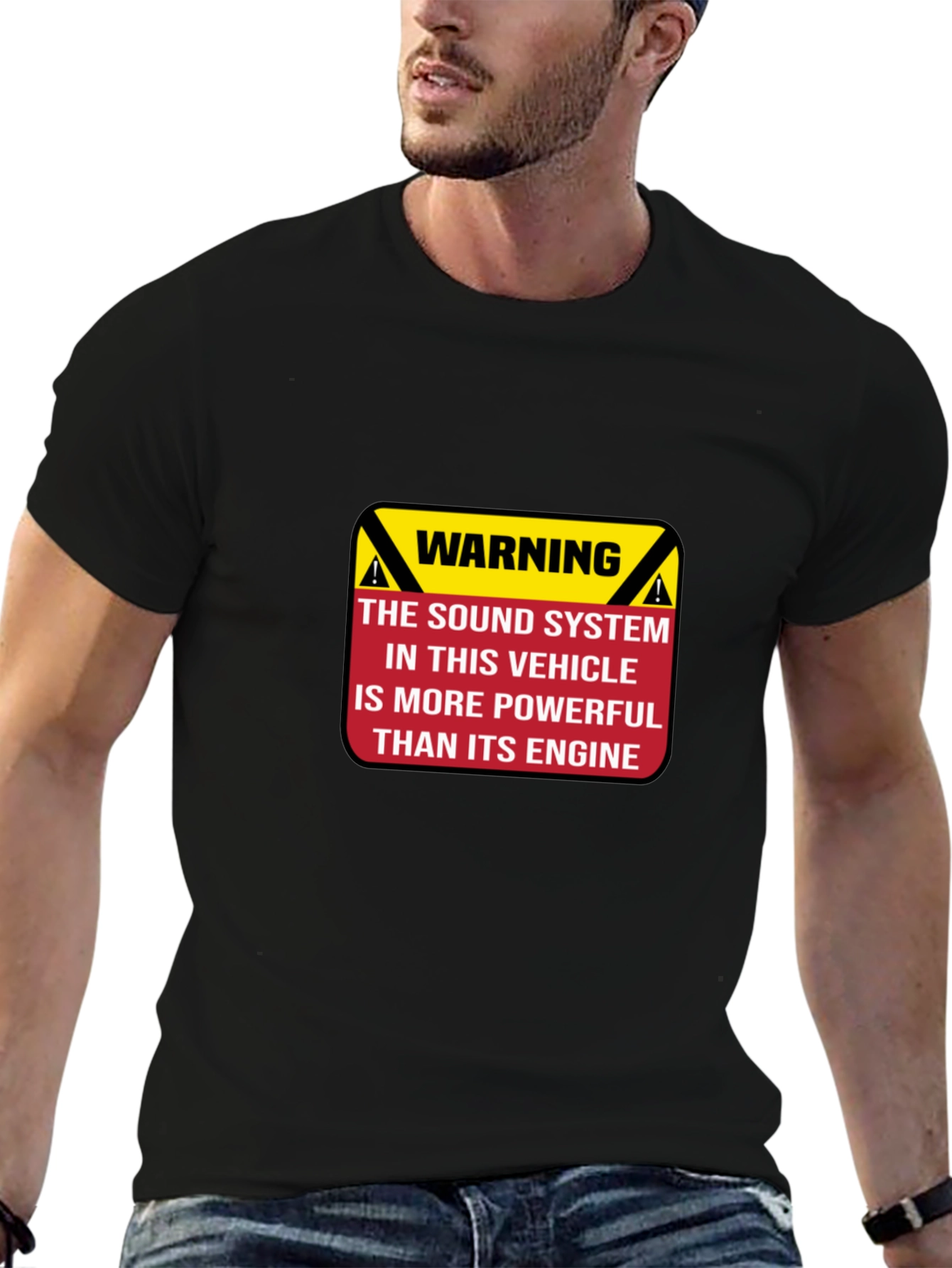 Black Warning Powerful Sound System T-Shirt view 6
