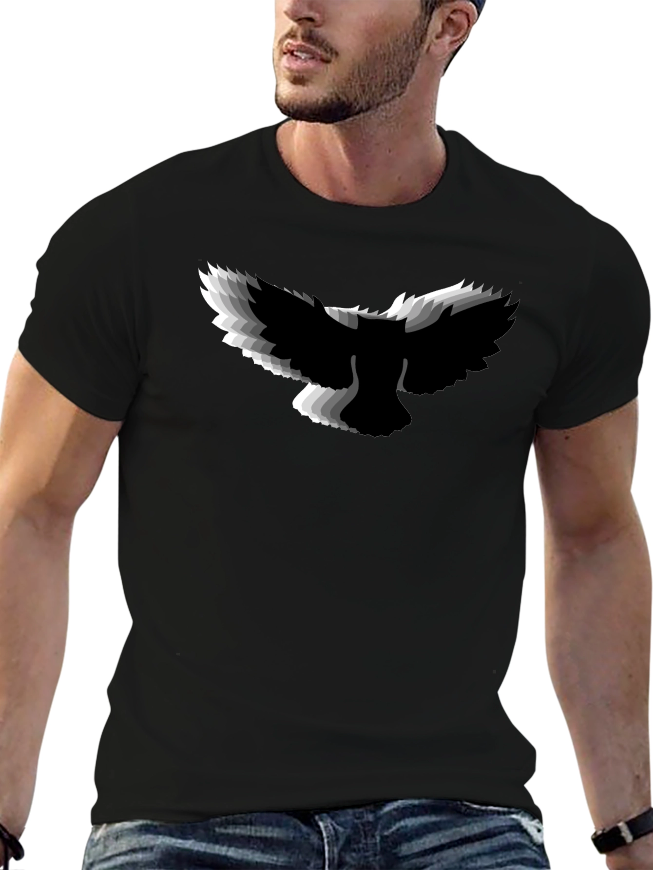 Black Men's Black Graphic Tee - Abstract Bird Design view 6