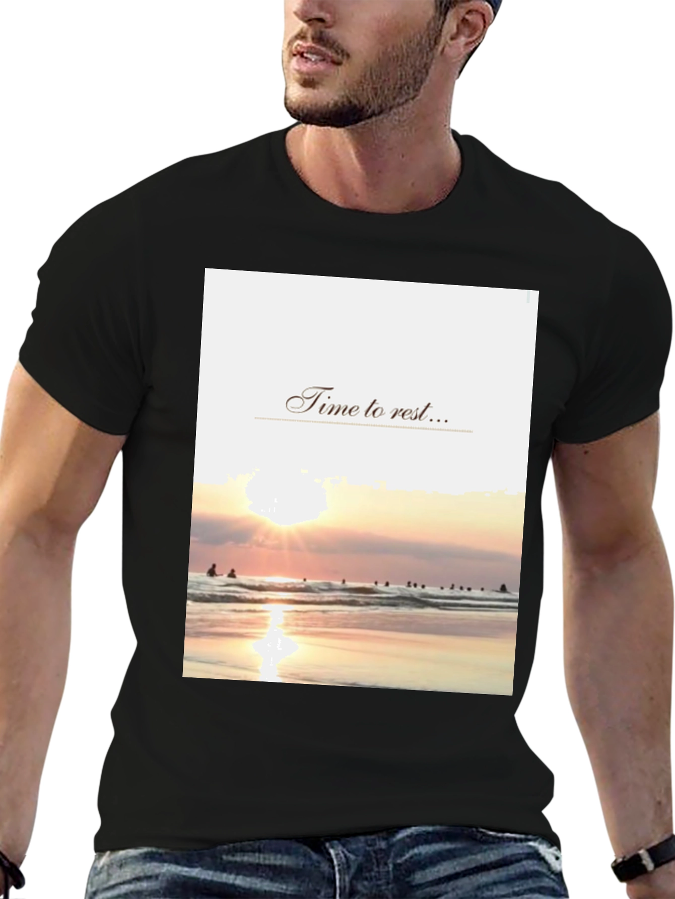 Black Time to Rest Graphic Tee - Beach Sunset Design view 6