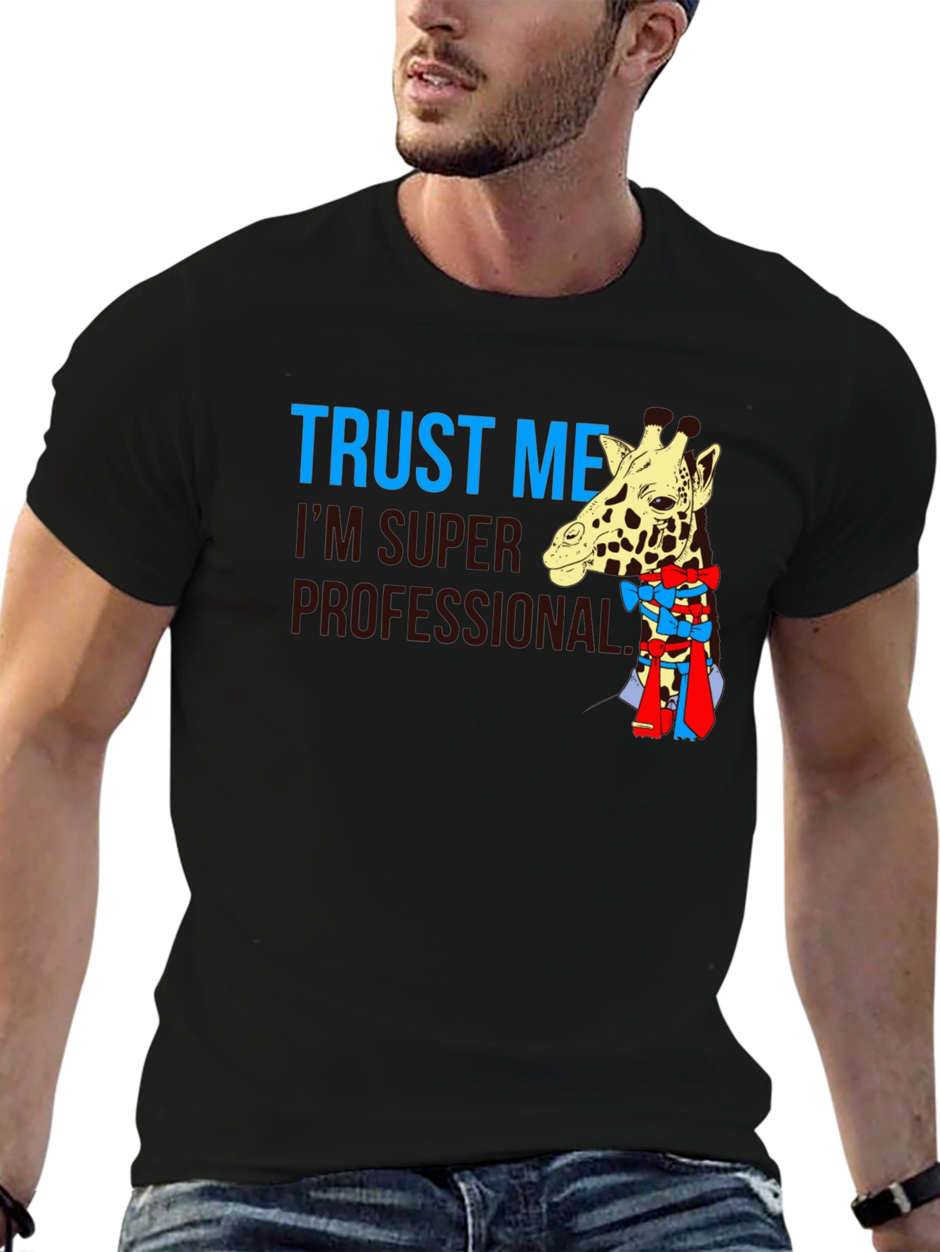 Black Trust Me I'm Super Professional Giraffe Bow T-Shirt view 6