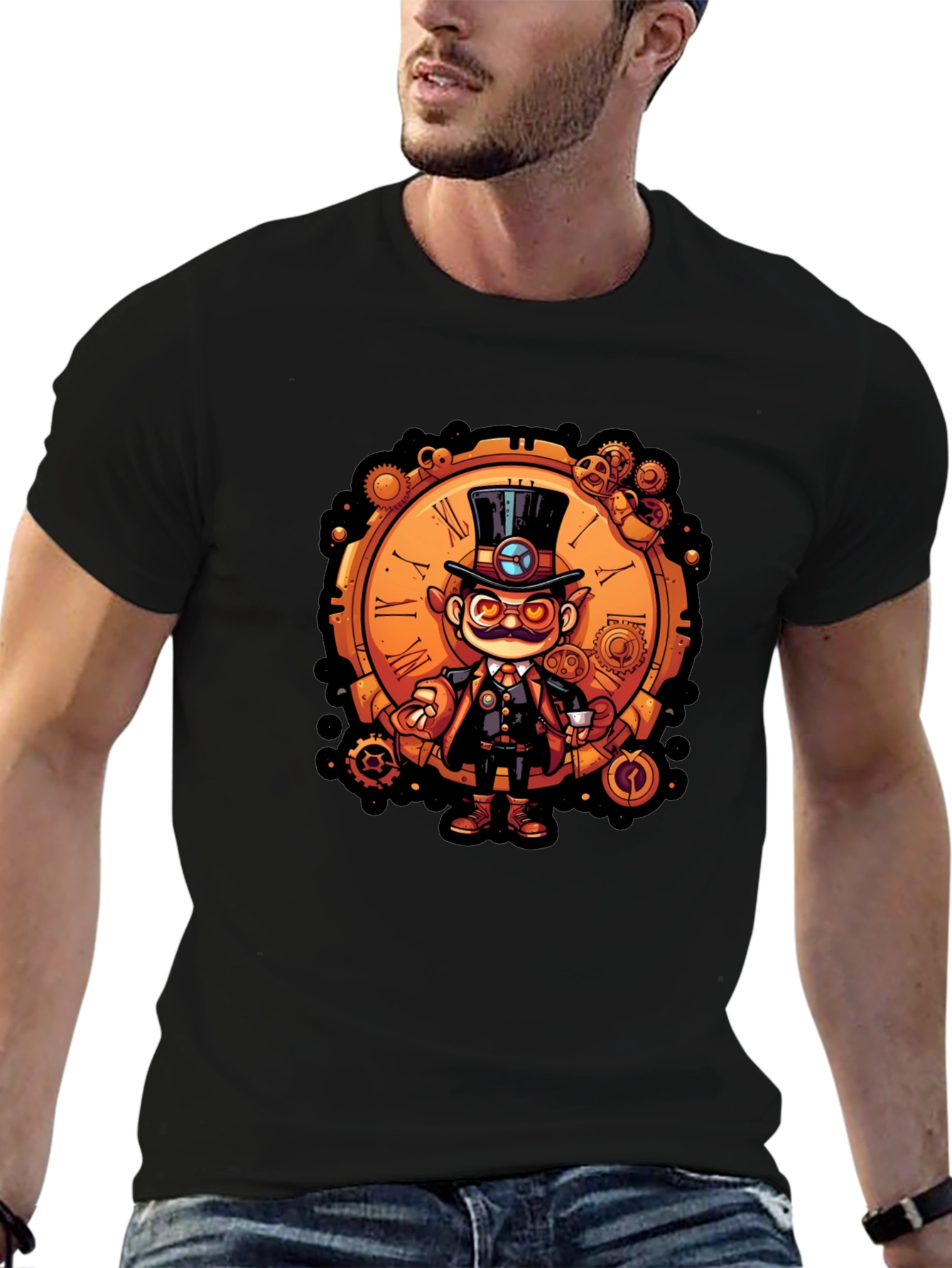 Black Steampunk Character Tee - Clockwork Gent T-Shirt view 6