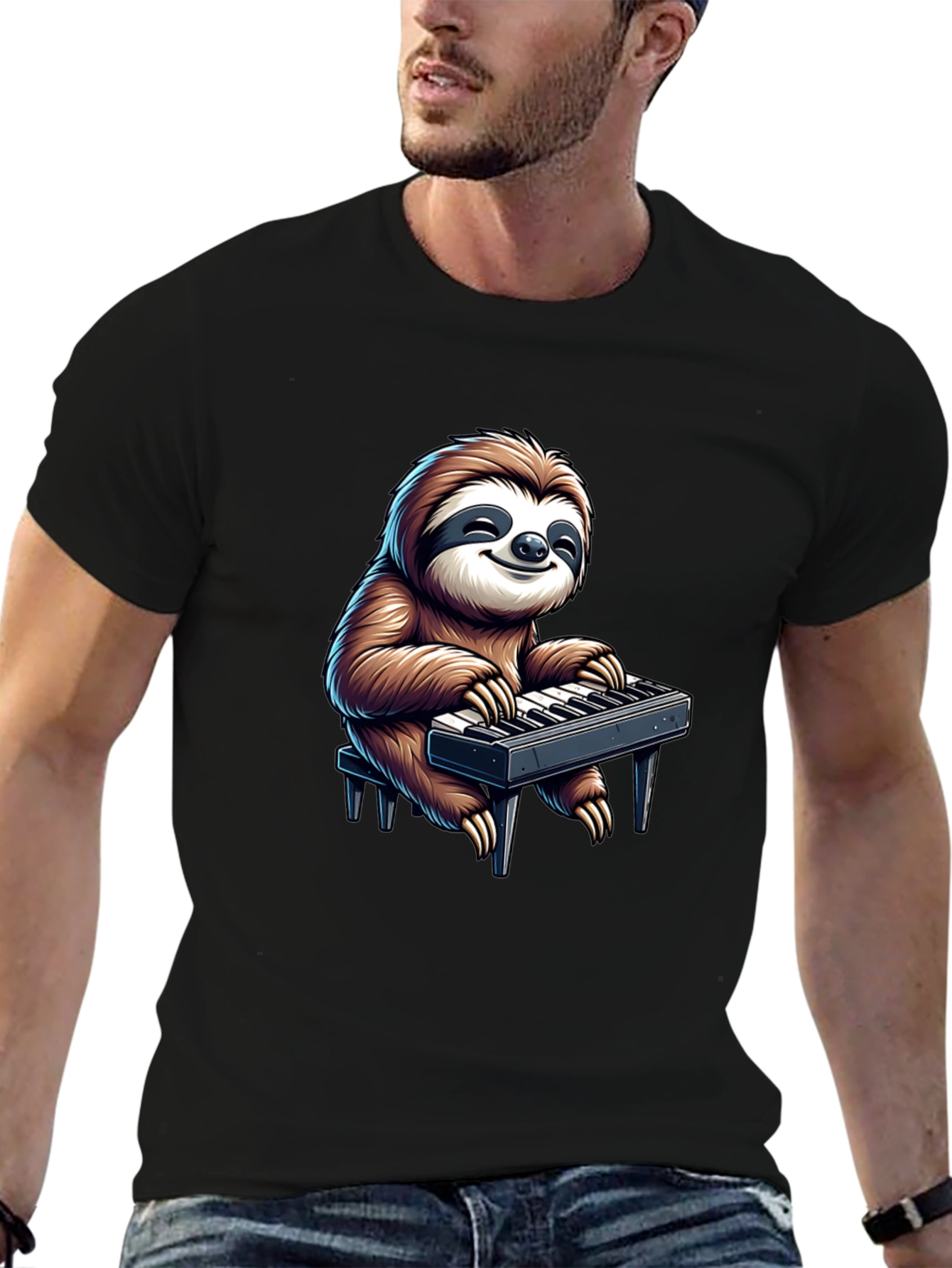 Black Sloth Playing Keyboard Graphic Tee - Black view 6