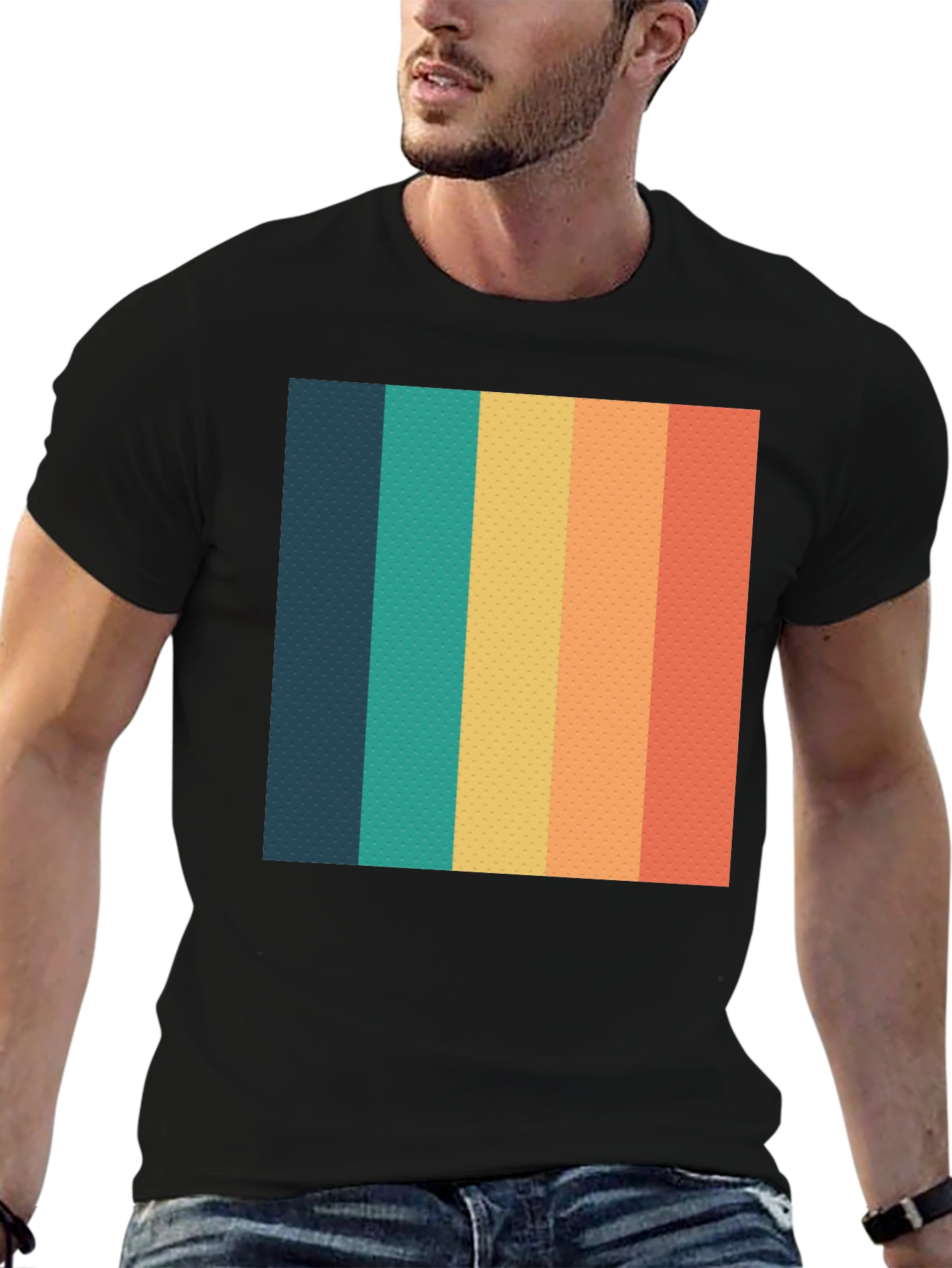 Black Retro Striped T-Shirt - Black Crew Neck Tee view 6