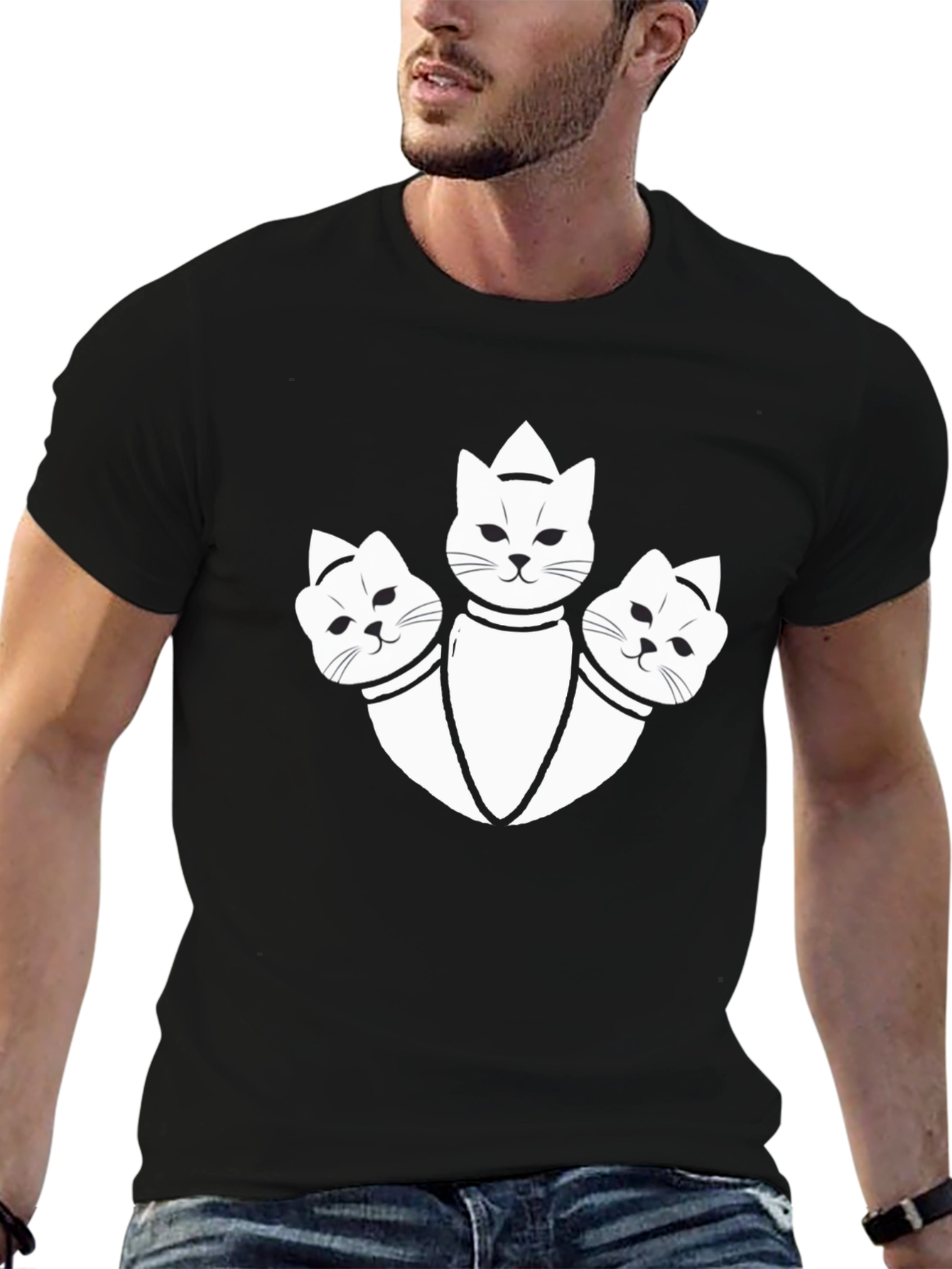 Black Three-Headed Cat Graphic Tee - Unique Design view 6