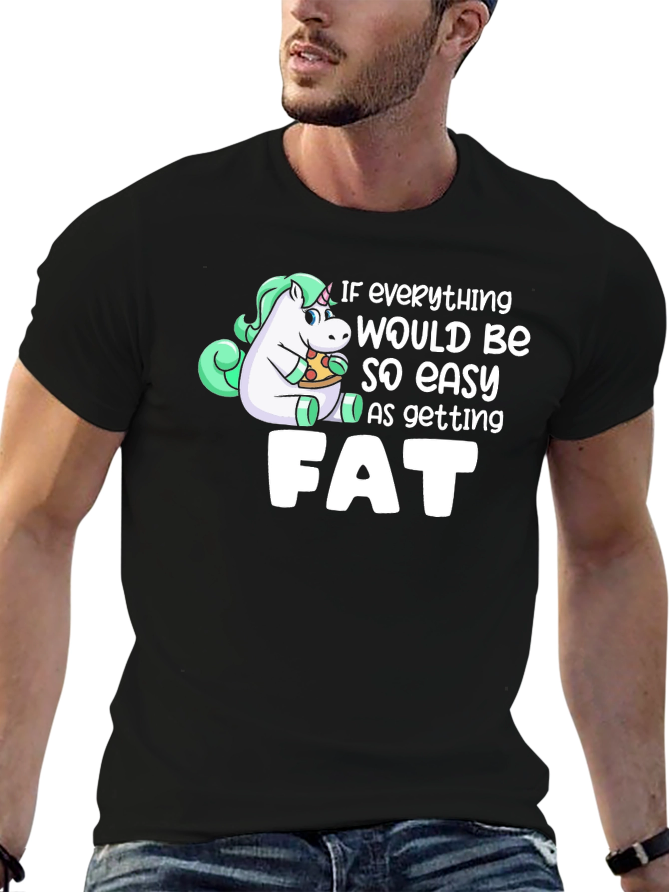 Black Unicorn Pizza Fat Funny T-Shirt view 6