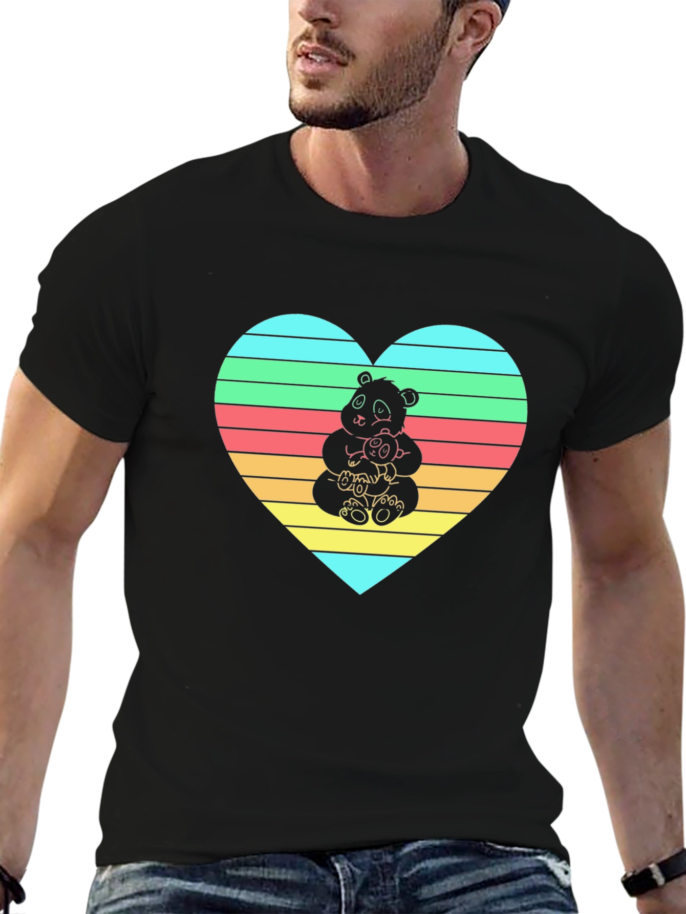 Black Panda Hug Heart Graphic Tee - Black Crew Neck view 6