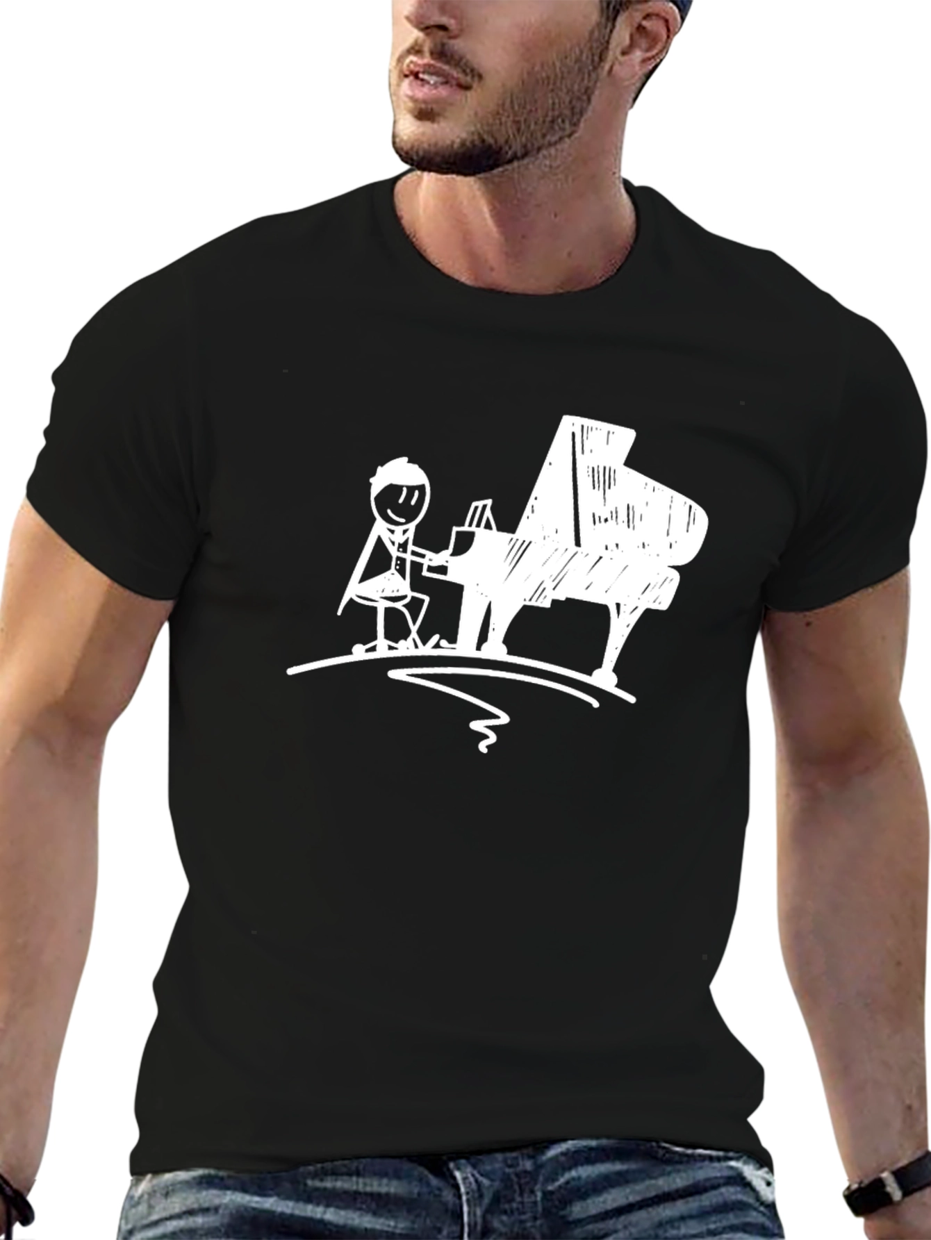 Black Piano Player Graphic T-Shirt - Black Cotton Tee view 6