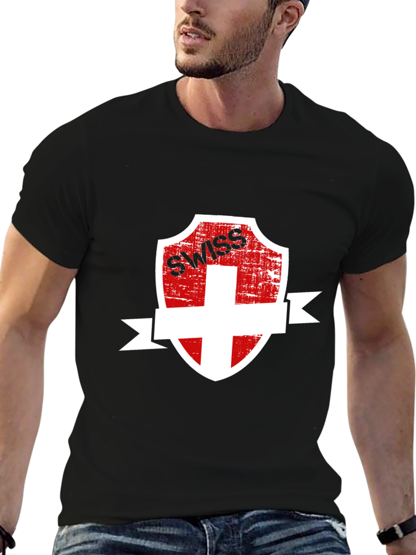 Black Swiss Shield Graphic Tee - Black Cotton T-Shirt view 6