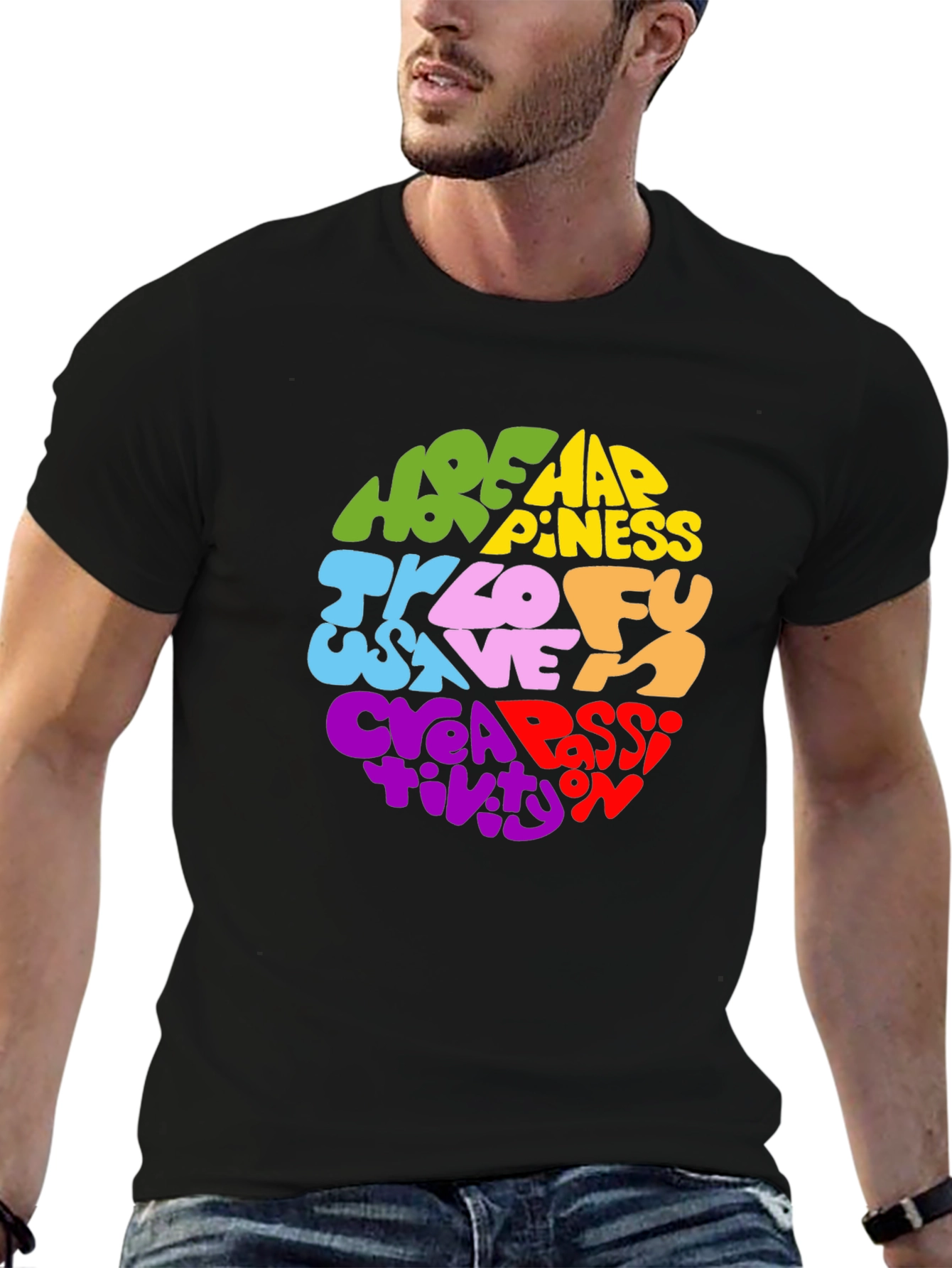 Black Colorful Word Art Graphic Print T-Shirt view 6