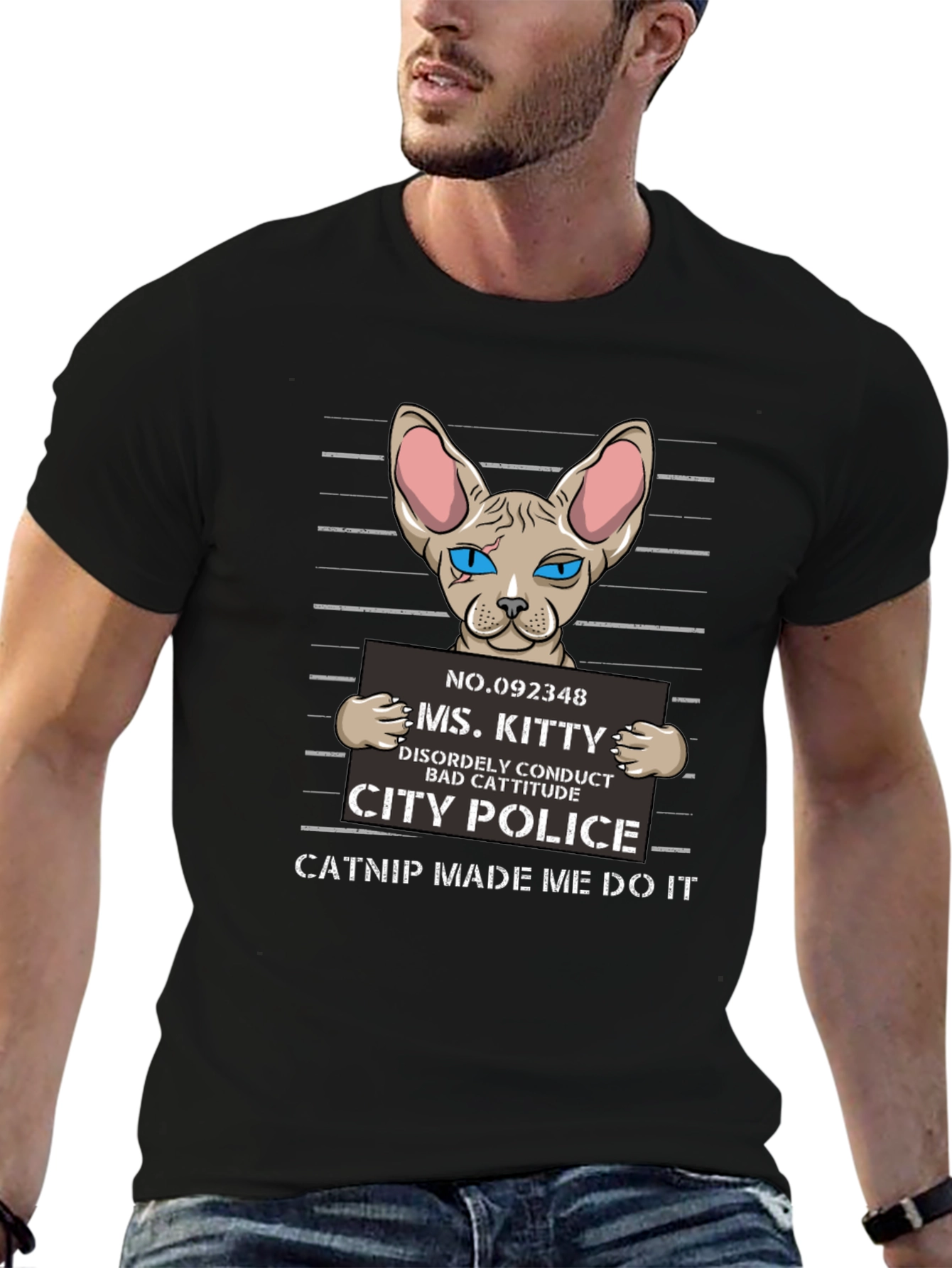 Black Cat Mugshot T-Shirt - Funny Catnip Tee view 6