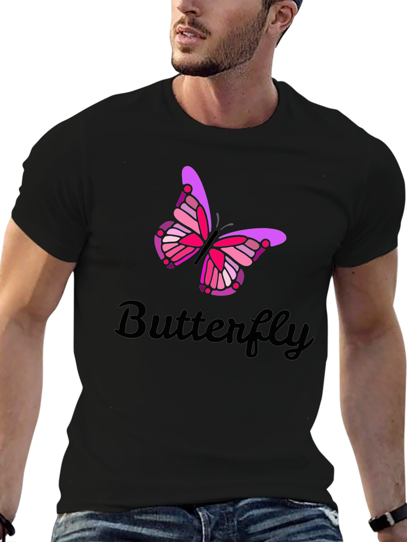 Black Butterfly Graphic Print Men's Black T-Shirt view 6