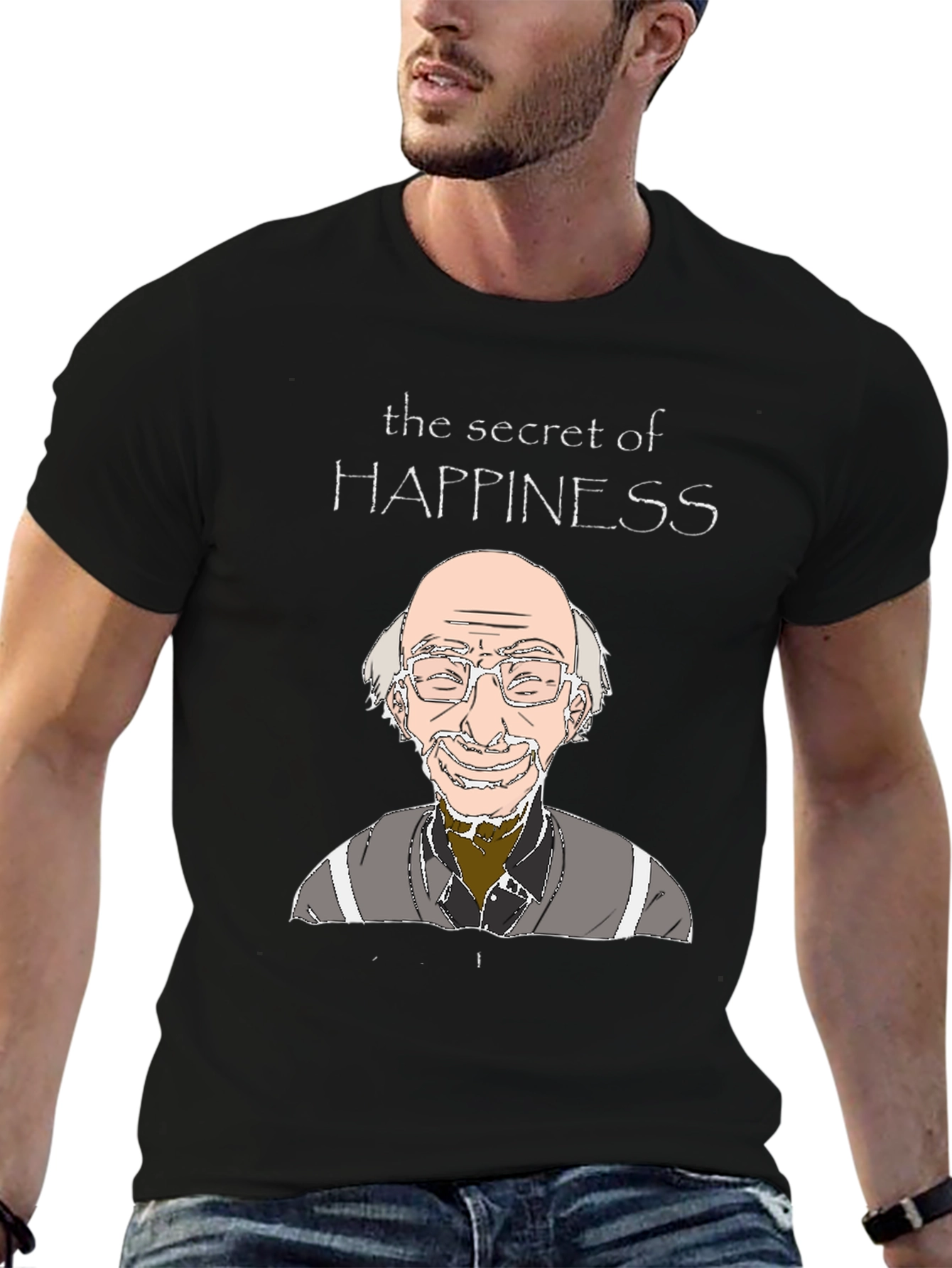 Black Secret of Happiness Cartoon Graphic Tee view 6