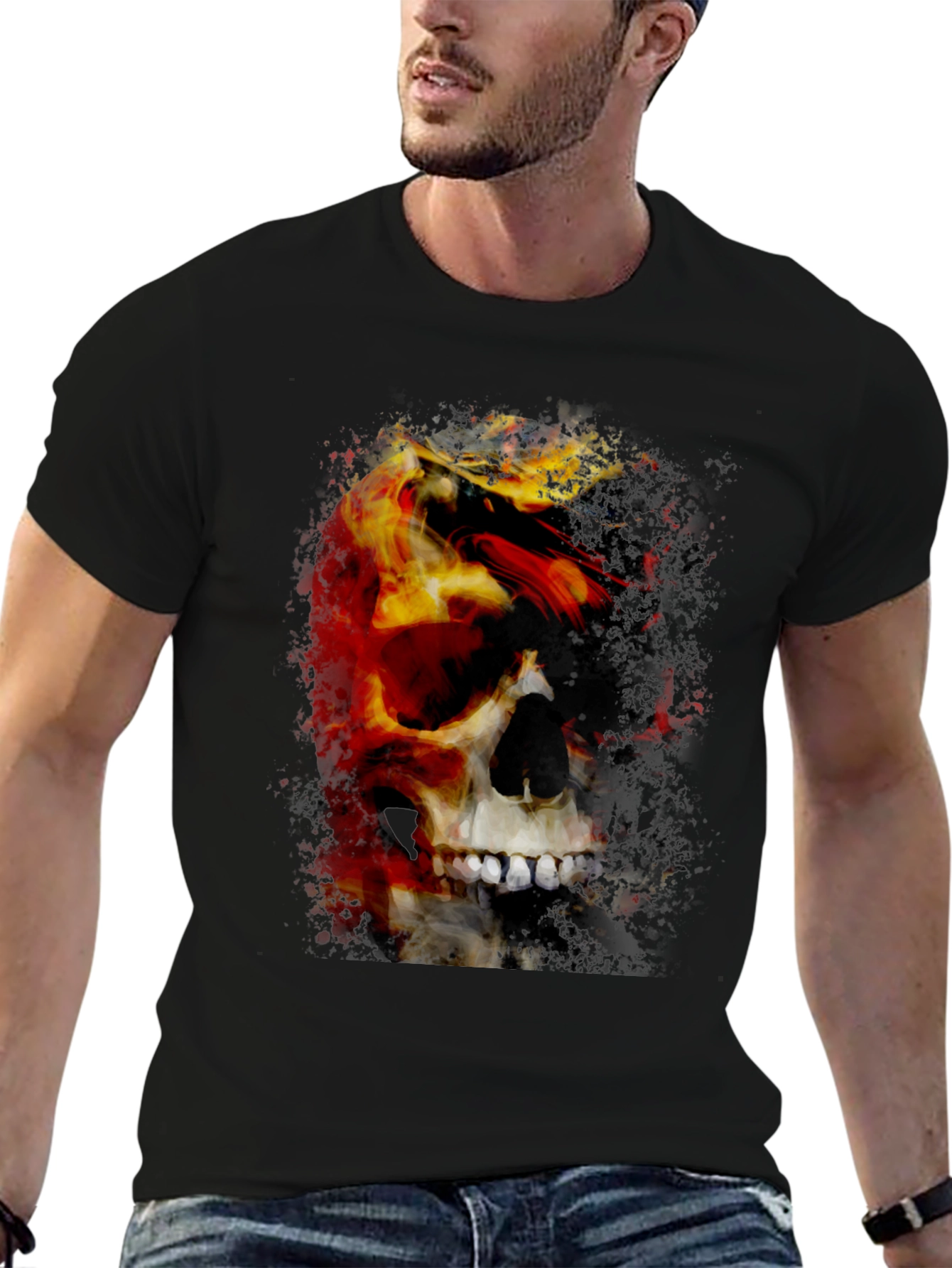 Black Skull & Fire Graphic T-Shirt - Men's Black Tee view 6