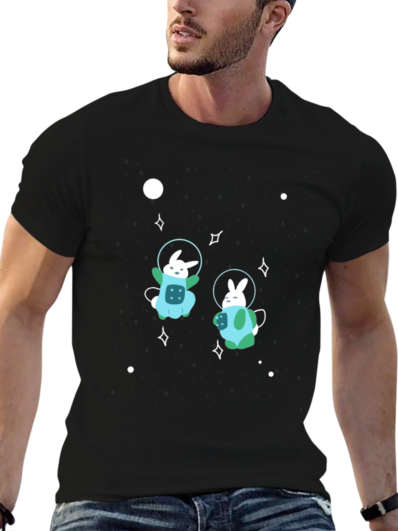 Black Space Bunny Graphic T-Shirt - Black Cotton Blend view 6