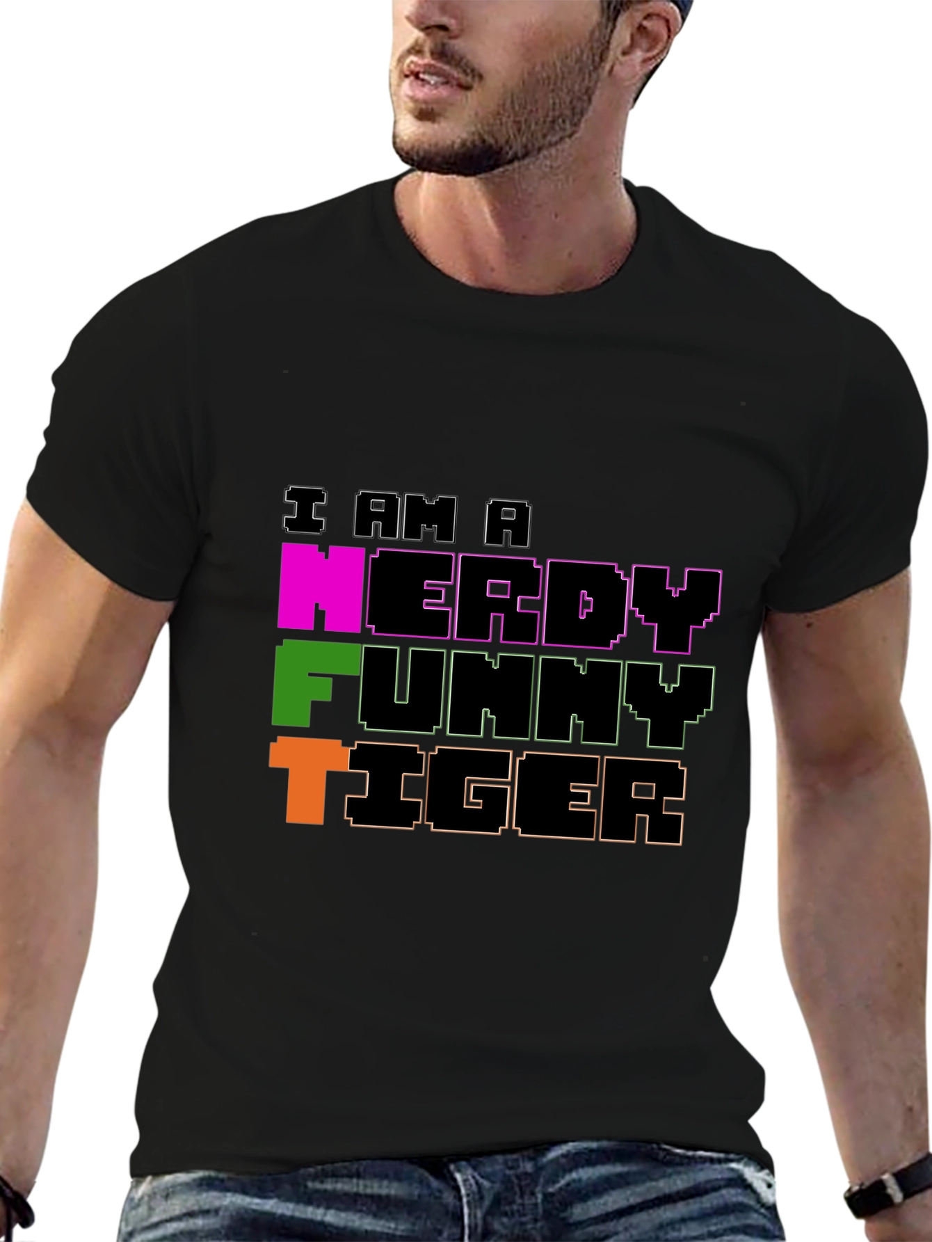 Black Nerdy Funny Tiger Graphic Tee - Black Crew Neck view 6