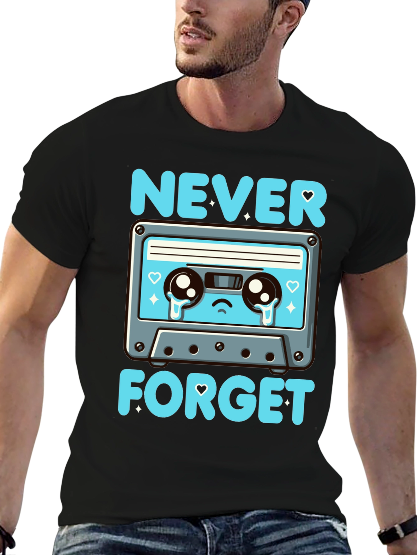 Black Retro Cassette Tape Never Forget T-Shirt view 6
