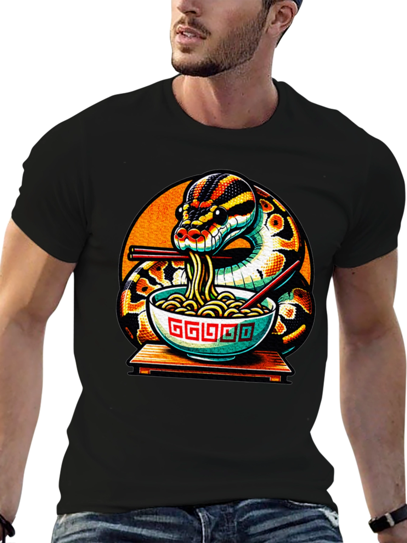 Black Snake Eating Ramen Noodles Graphic T-Shirt view 6