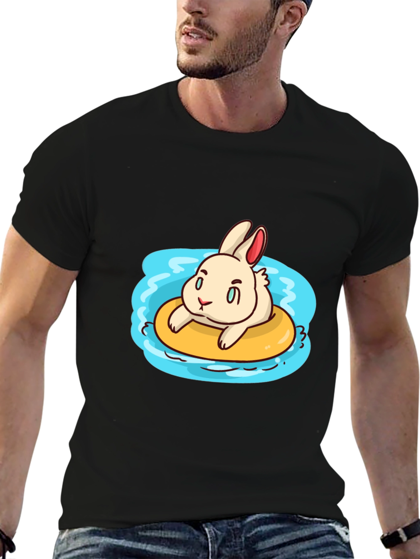 Black Cartoon Bunny on Float Black T-Shirt view 6