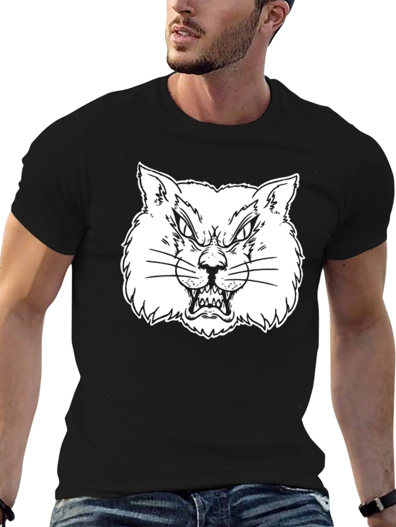 Black Men's Black T-Shirt with Angry Cat Graphic view 6