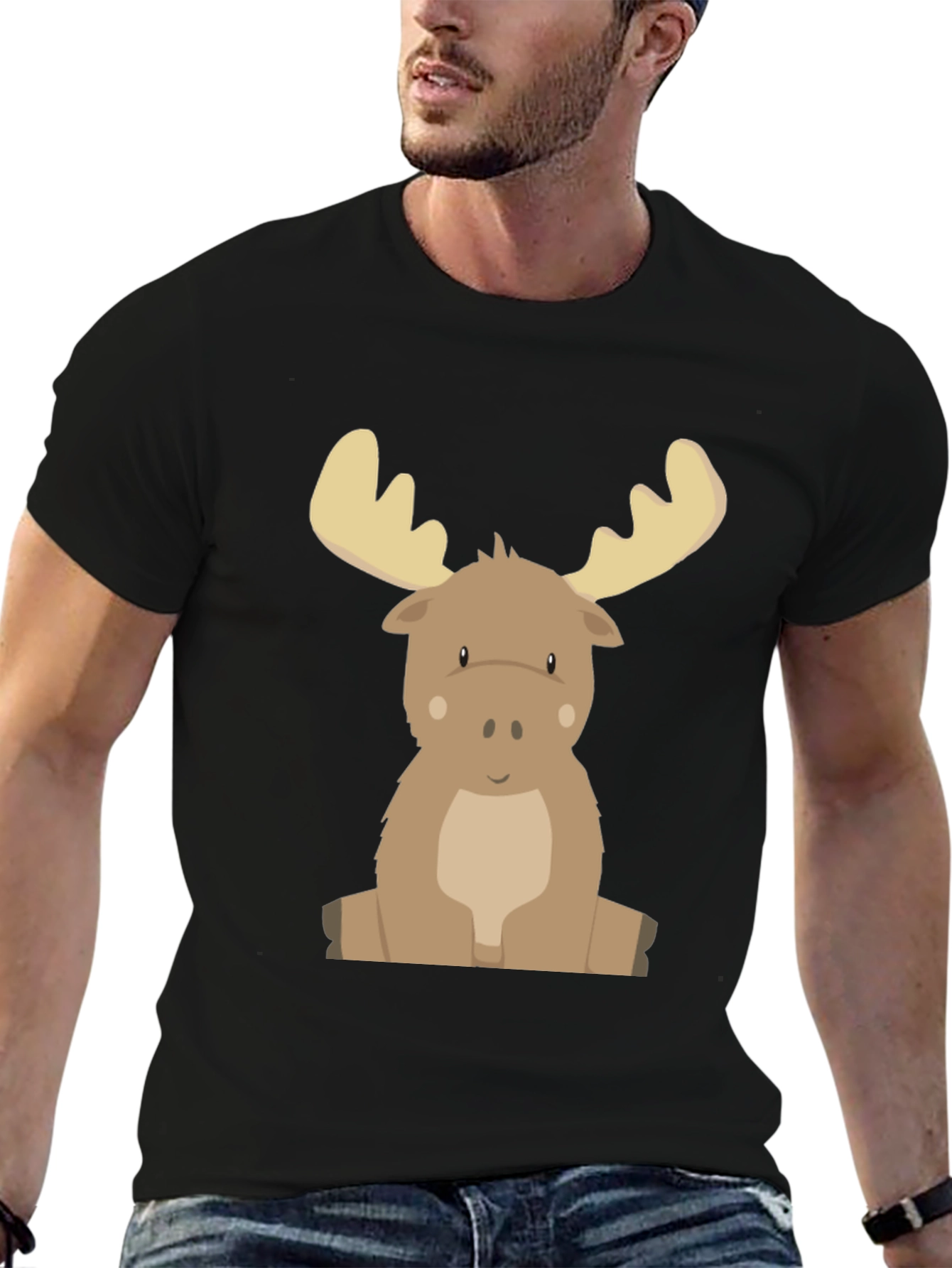 Black Cute Cartoon Moose Graphic Tee - Black view 6