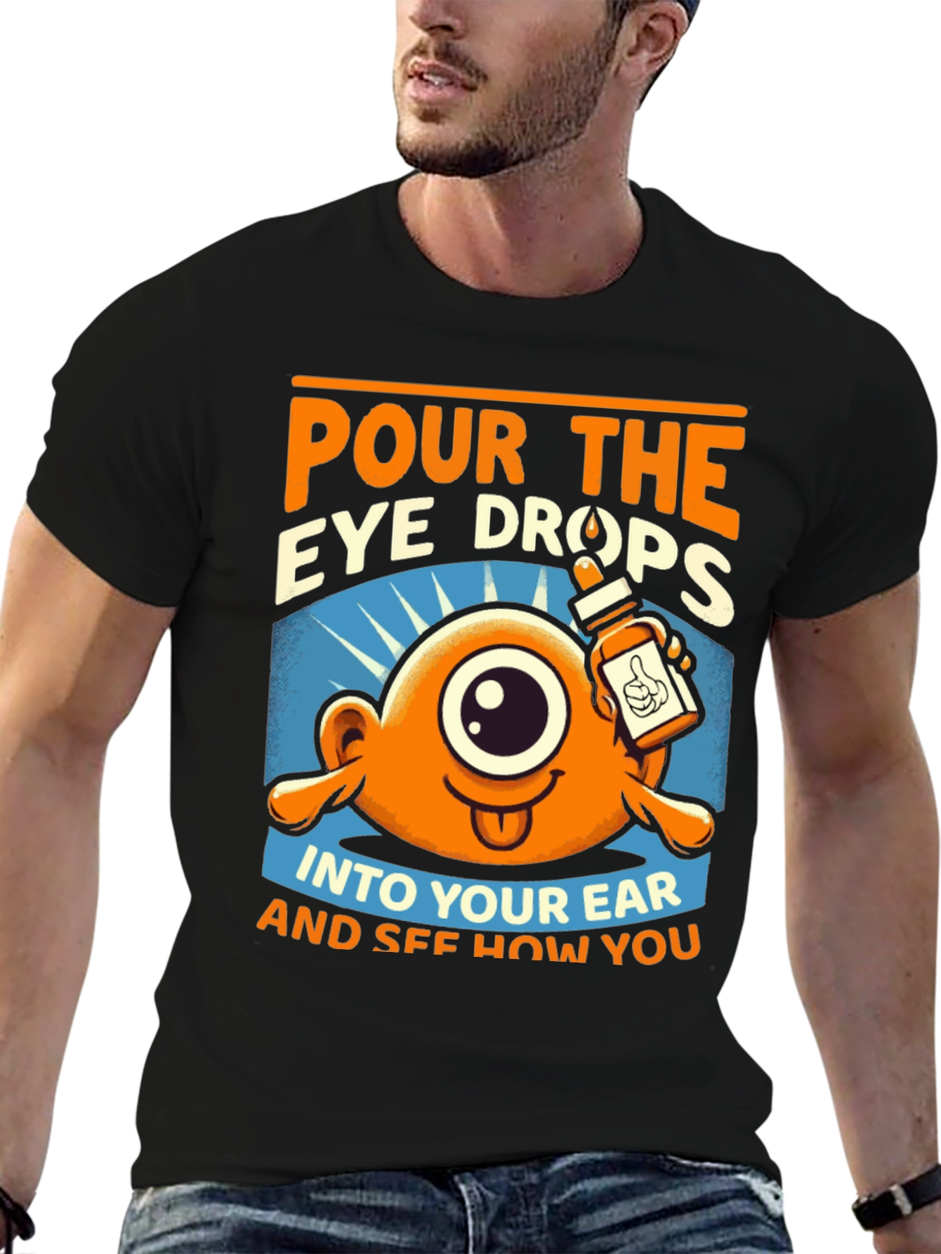 Black Pour the Eye Drops T-Shirt: Humorous Cartoon Tee view 6