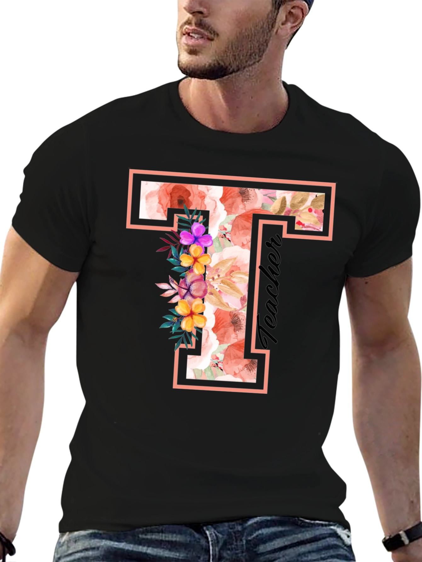 Black Floral T Teacher T-Shirt view 6