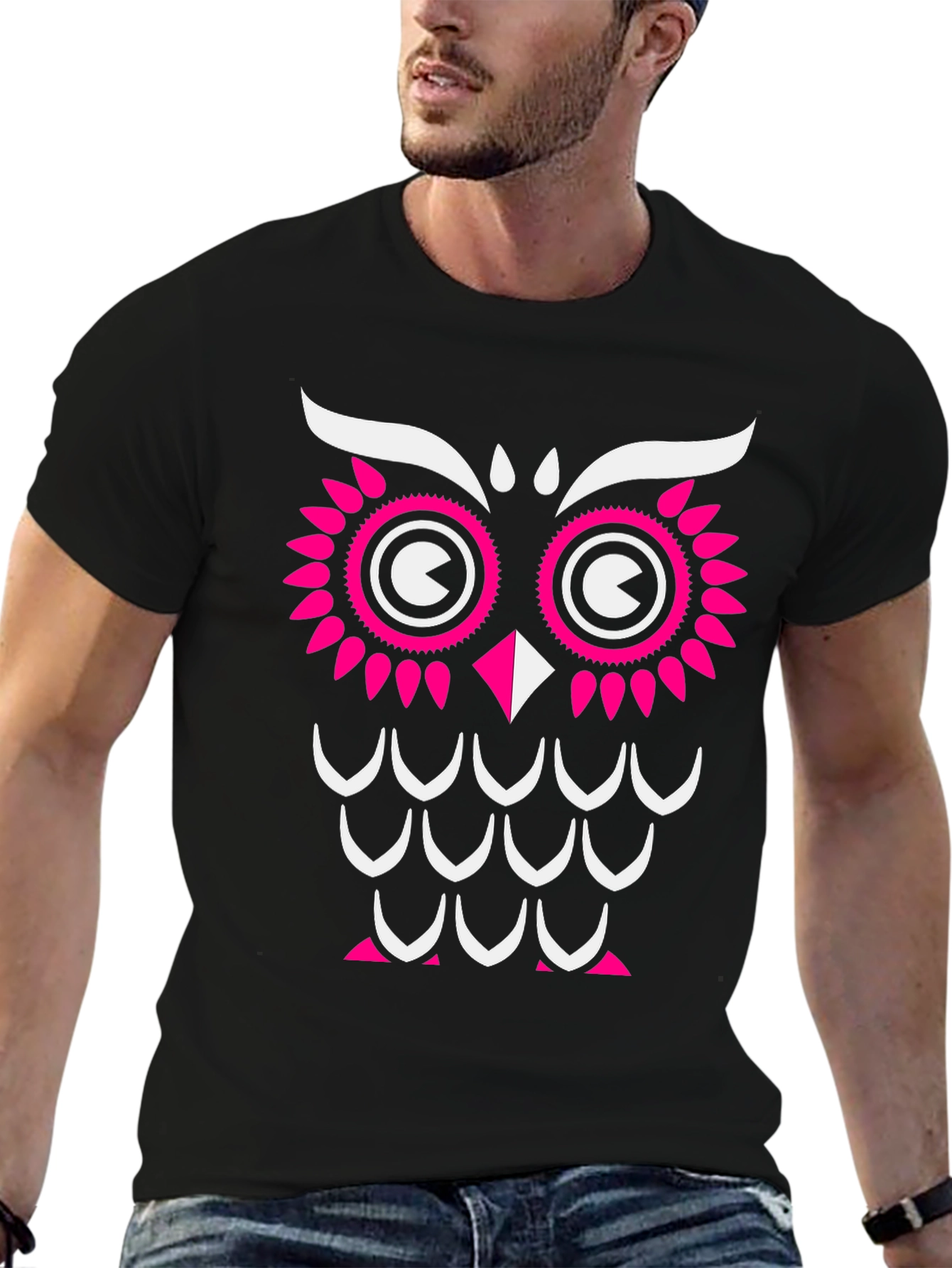 Black Owl Graphic Print T-Shirt - Black with Pink & White Design view 6