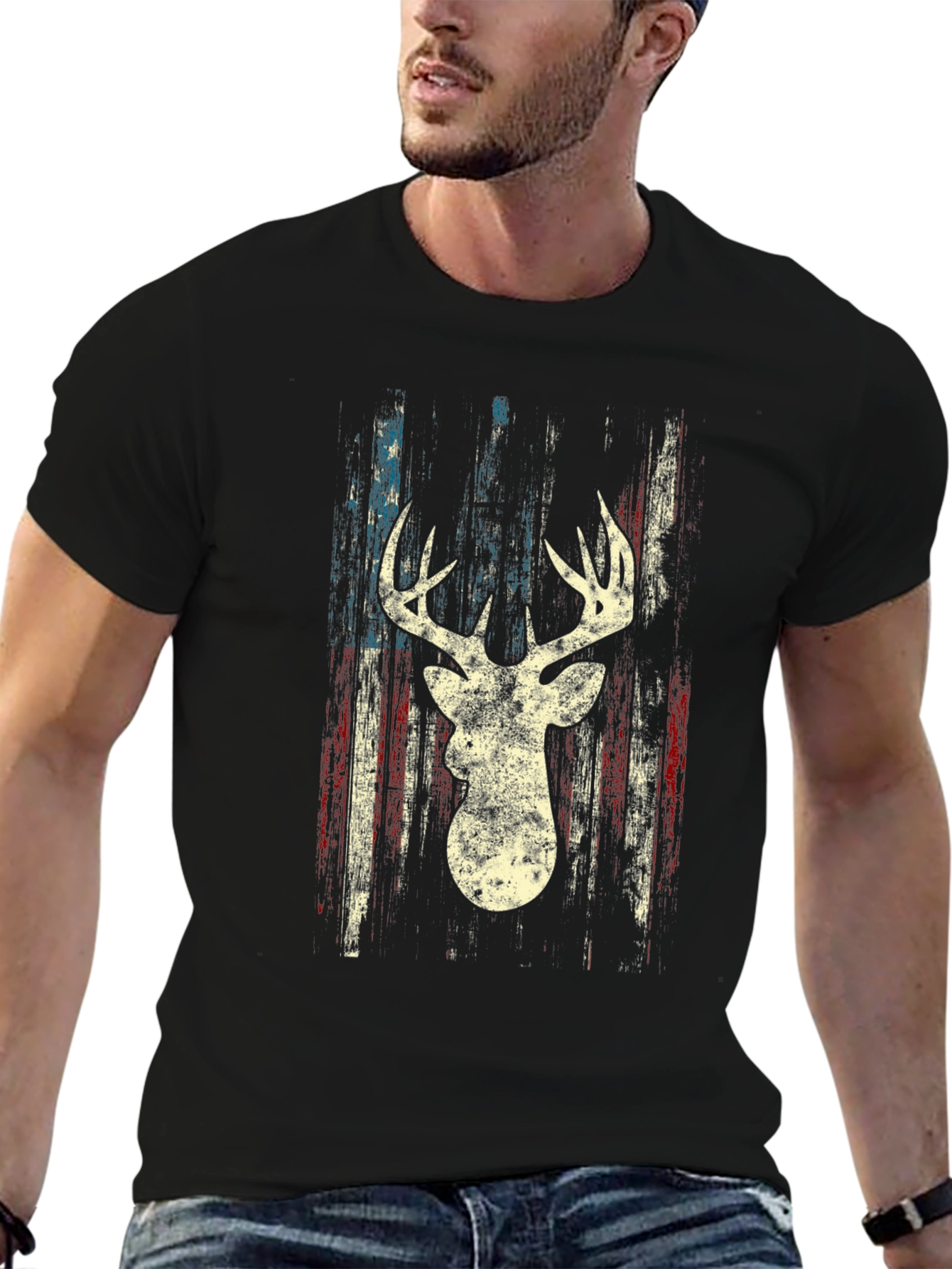 Black Deer Silhouette American Flag Graphic Tee view 6