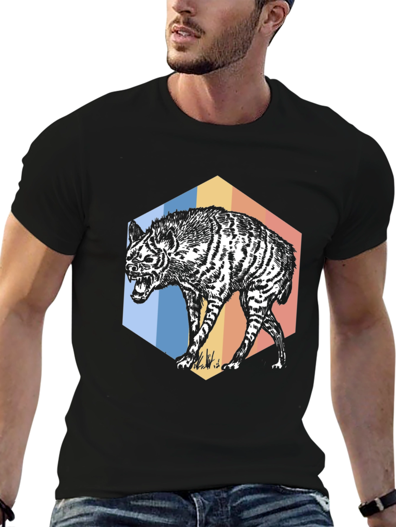 Black Hyena Hex T-Shirt - Retro Animal Graphic Tee view 6