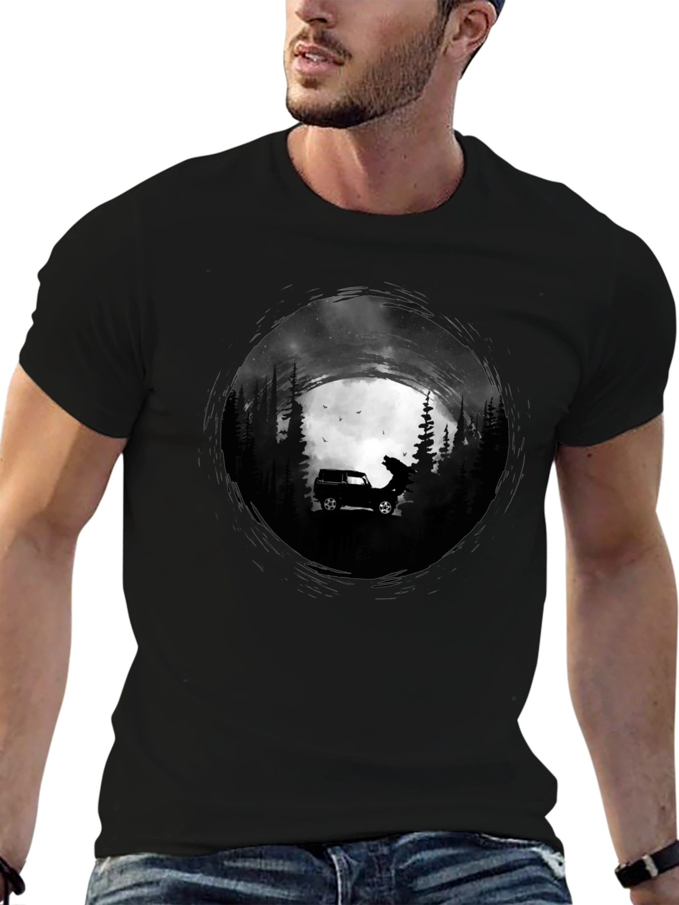 Black Men's Black T-Shirt with Car and Wolf Design view 6