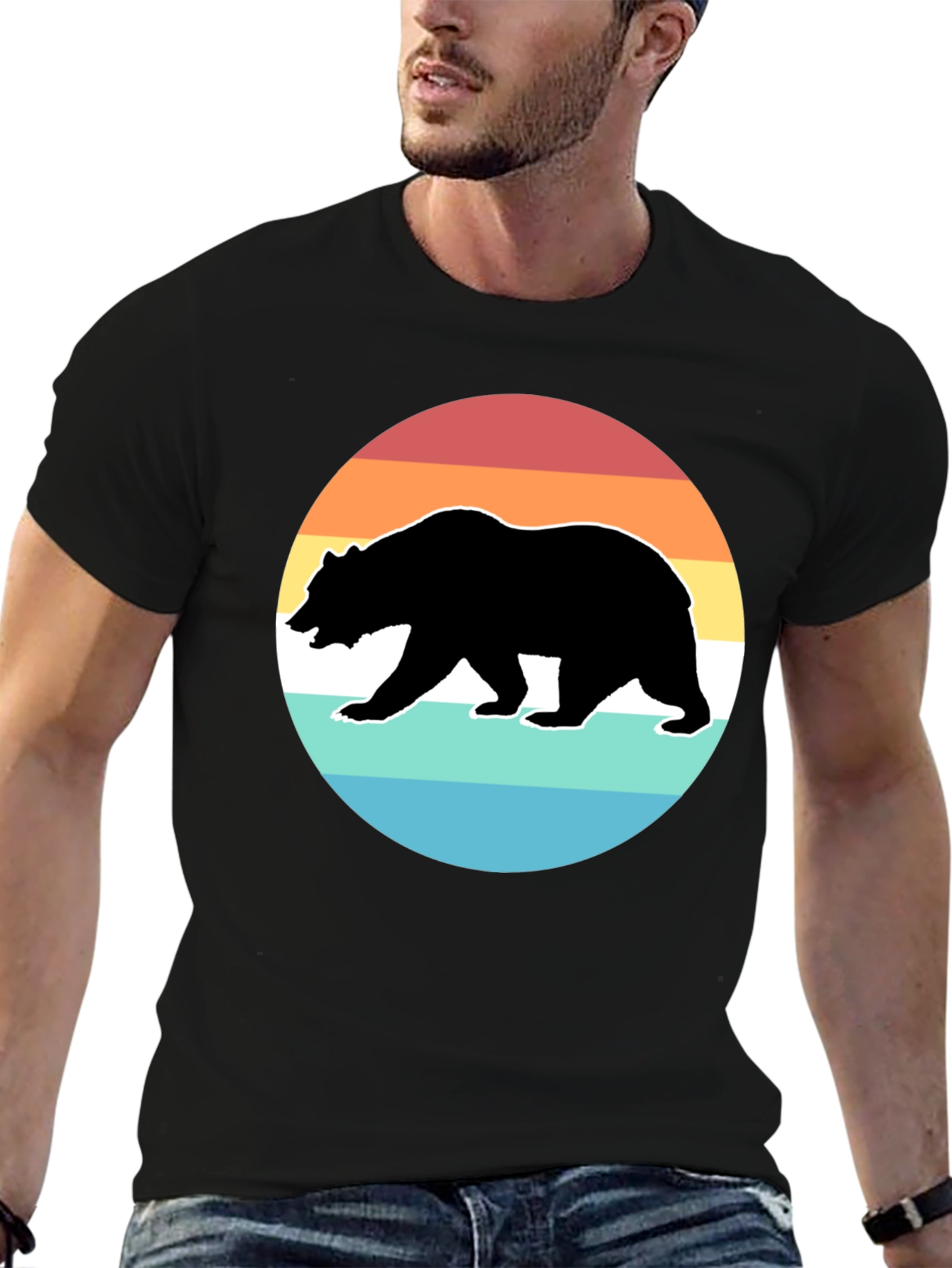 Black Retro Bear Sunset Graphic T-Shirt - Black view 6