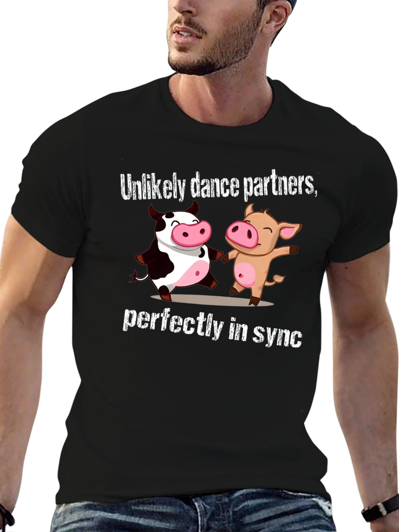 Black Unlikely Dance Partners Tee: Cow and Pig in Sync view 6
