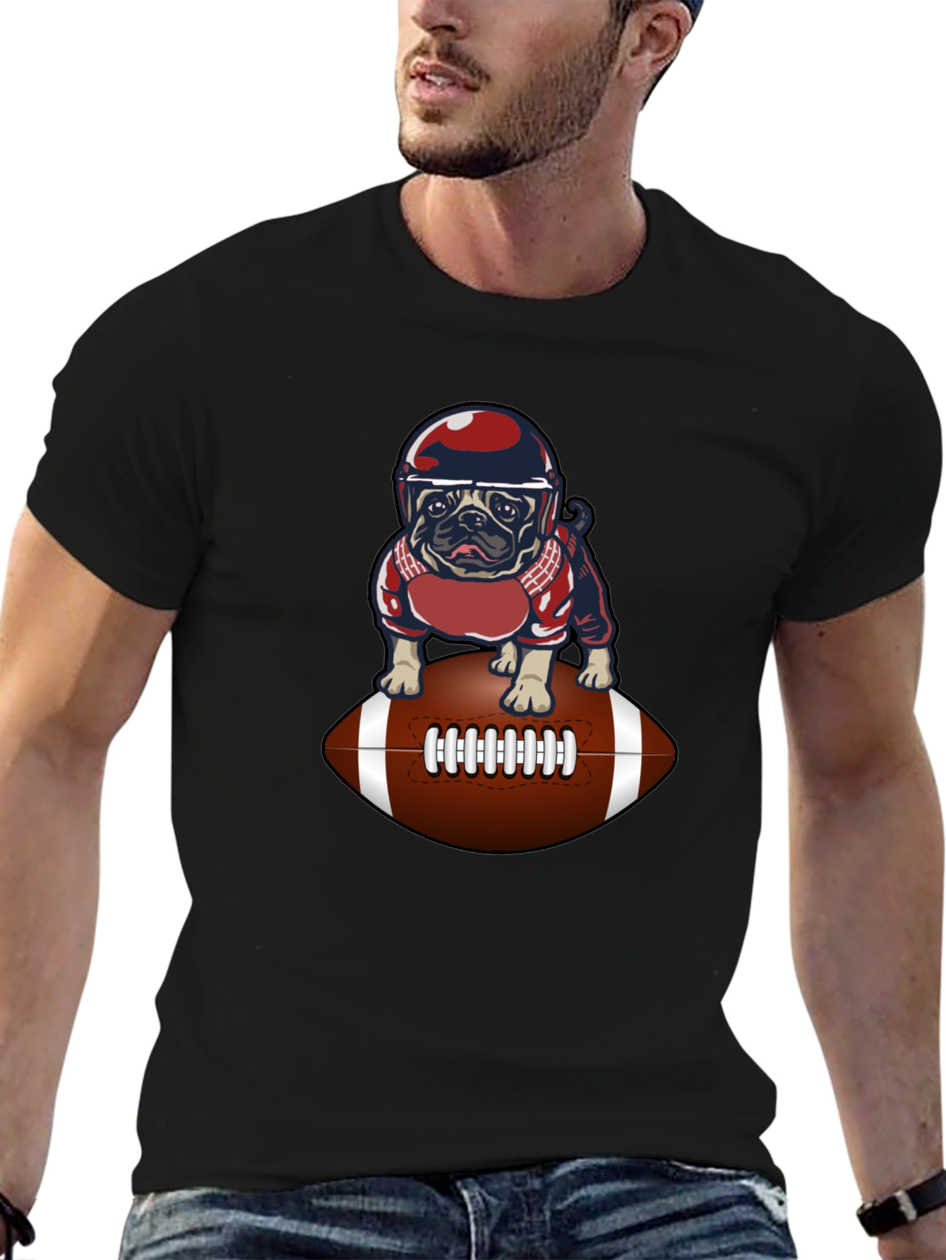 Black Pug Football T-Shirt - Novelty Dog Tee view 6