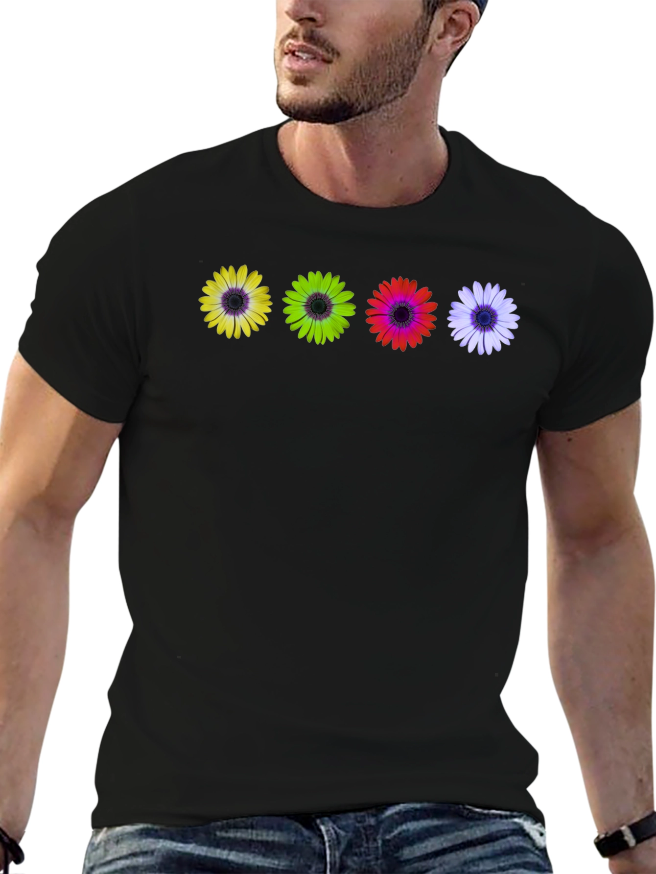 Black Colorful Daisy T-Shirt - Unique Floral Design view 6