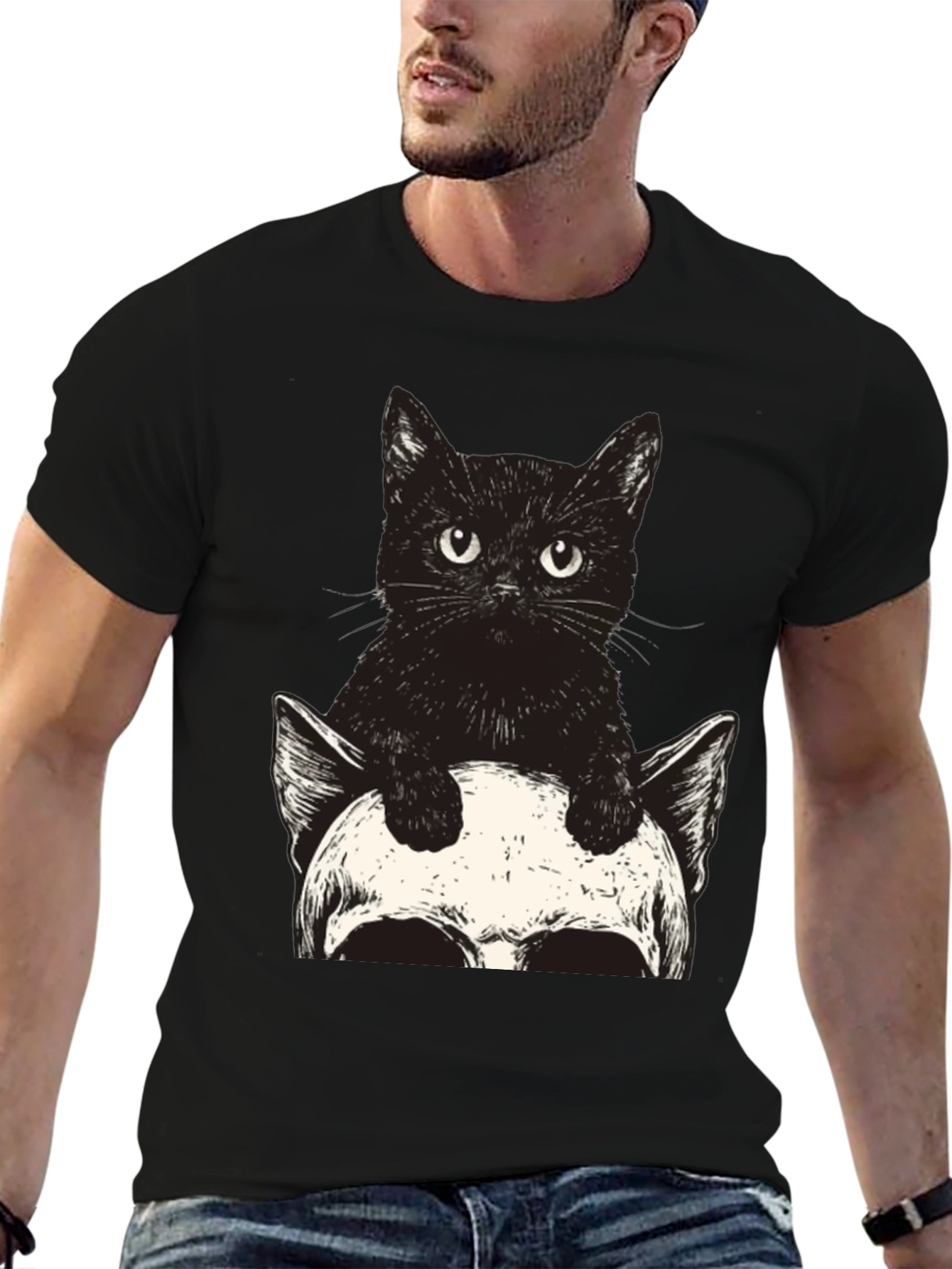 Black Cat & Skull Graphic Tee - Unique Print view 6