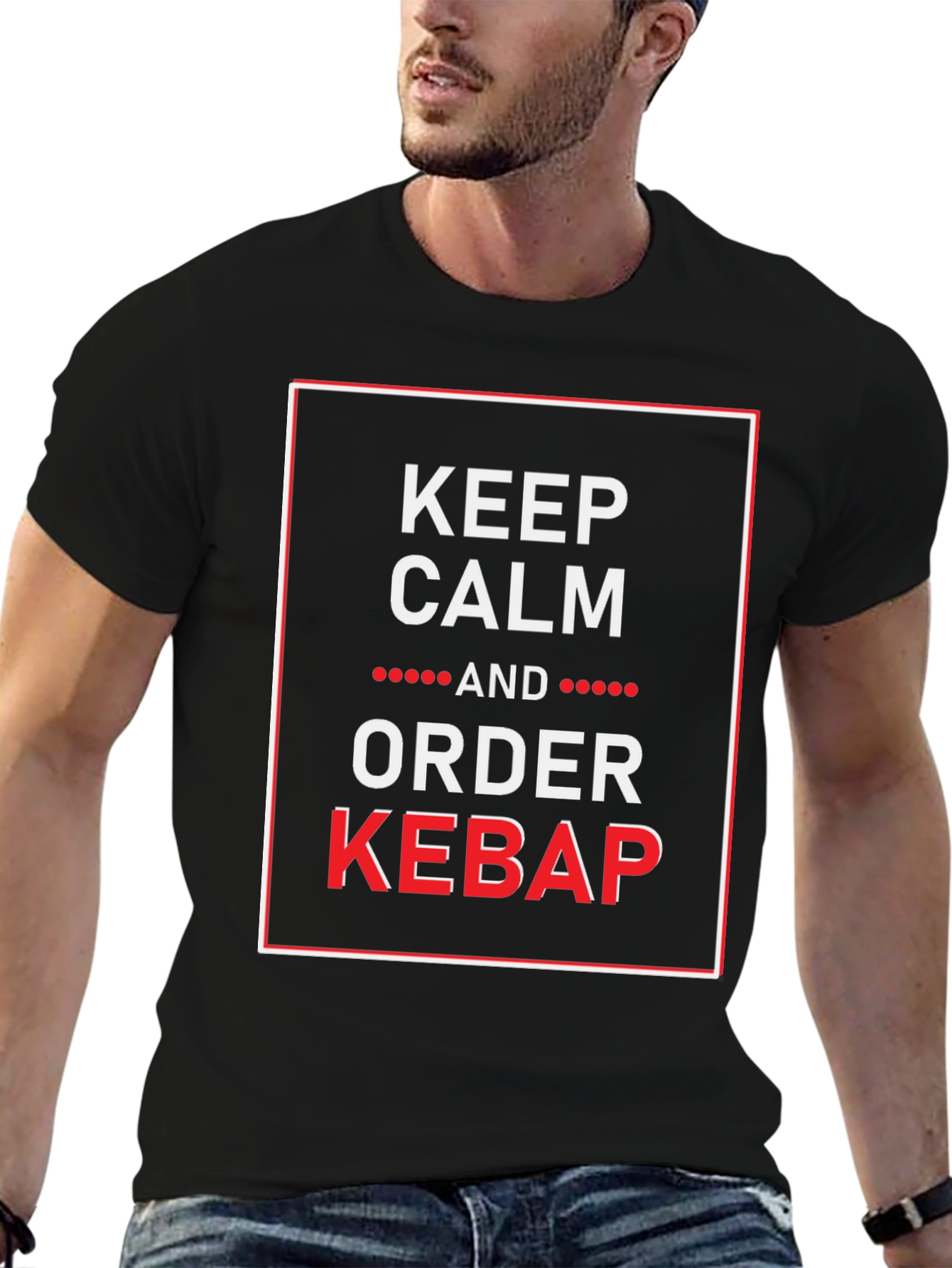 Black Keep Calm and Order Kebab Funny Graphic Tee view 6