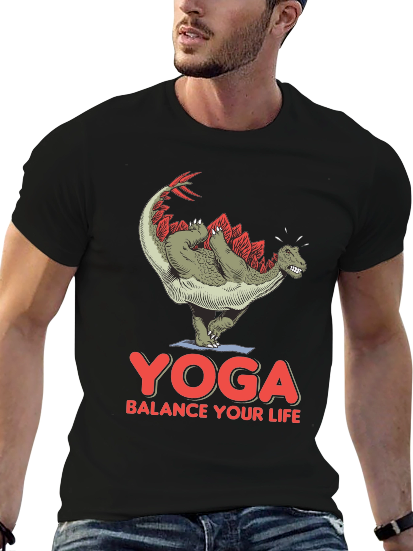 Black Yoga Dinosaur T-Shirt: Balance Your Life Tee view 6