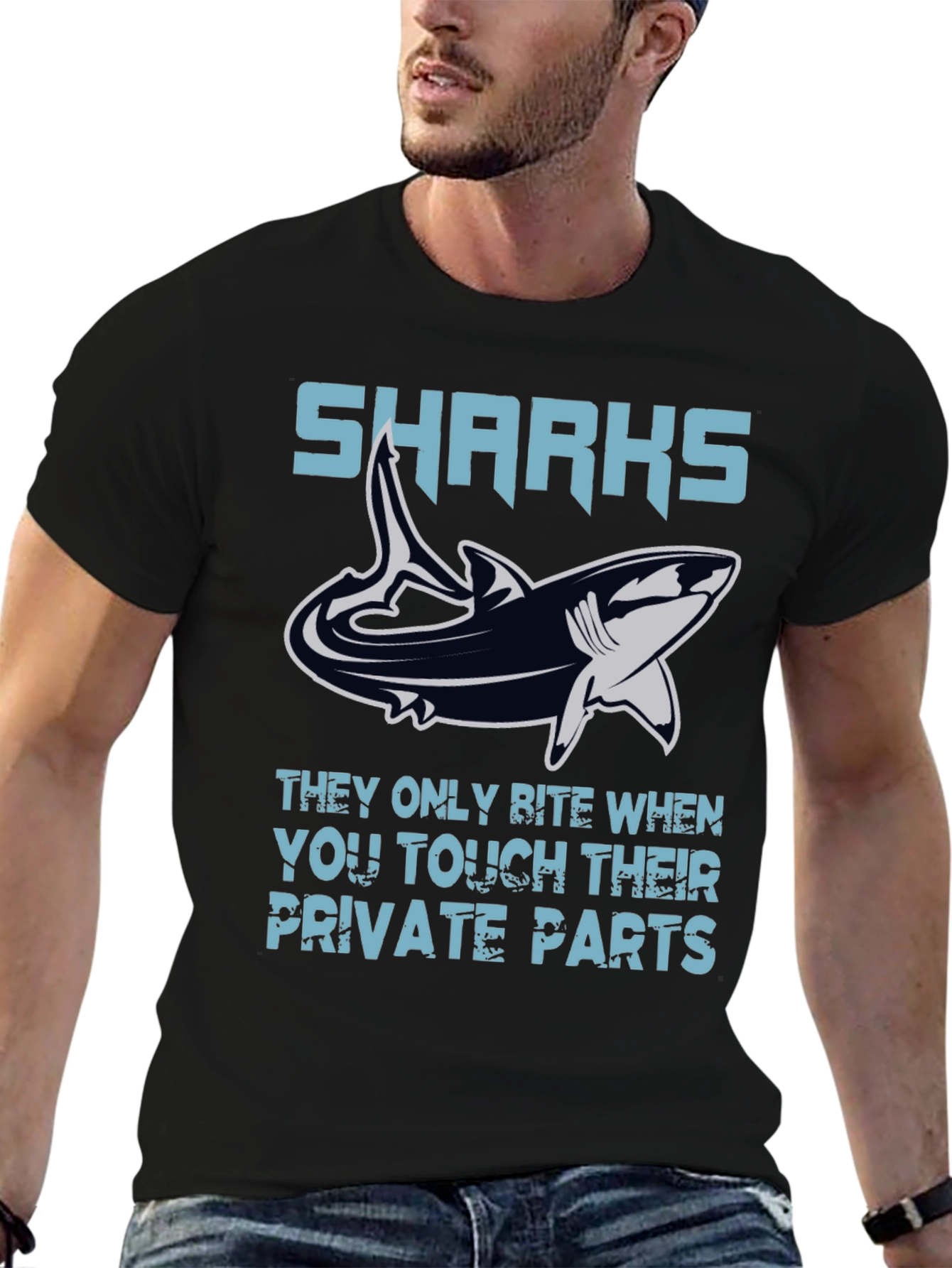 Black Shark Bite Humor Graphic Tee - Black Cotton T-Shirt view 6