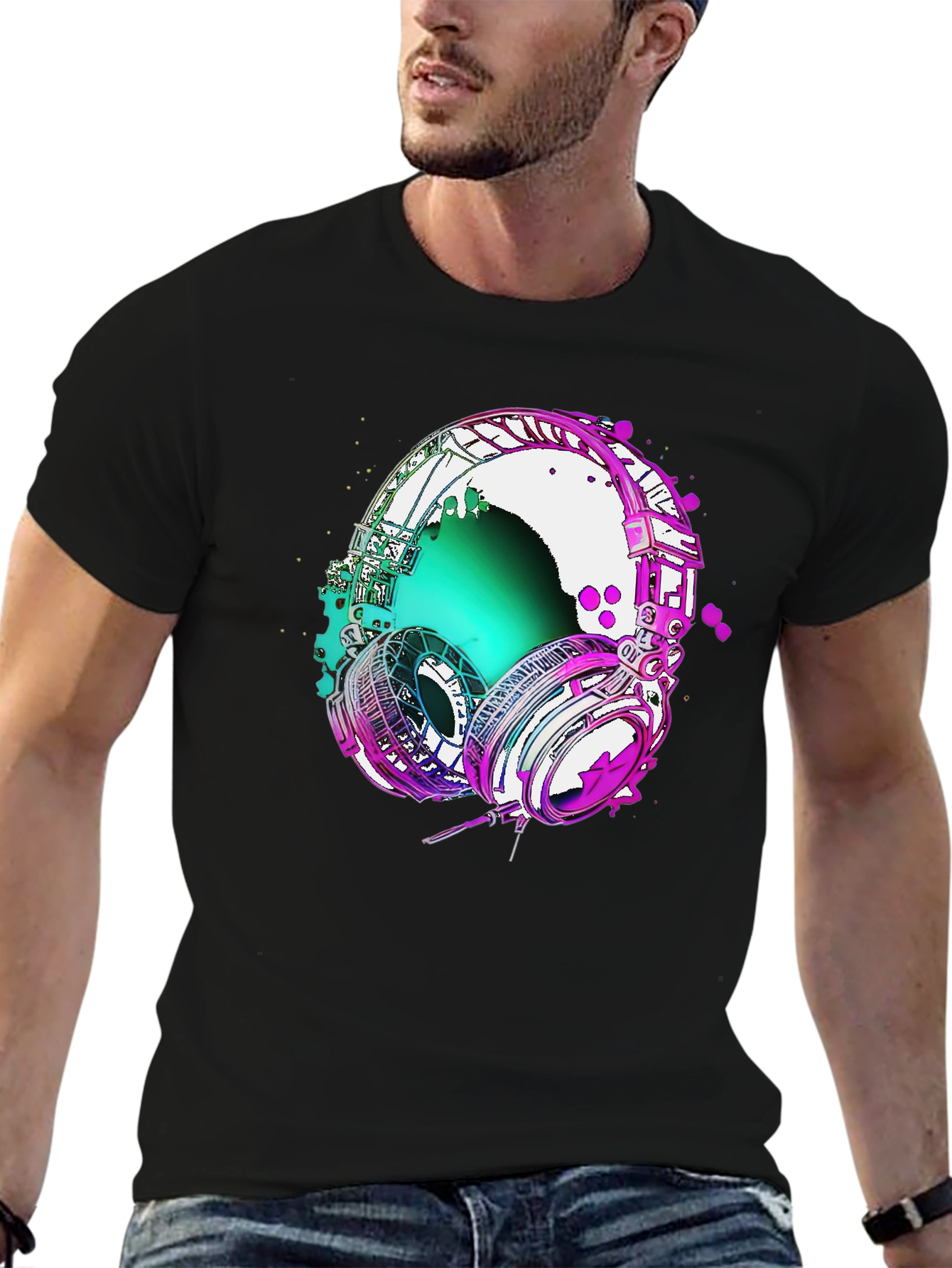 Black Vivid Headphones Graphic Tee - Music Lover's T-Shirt view 6