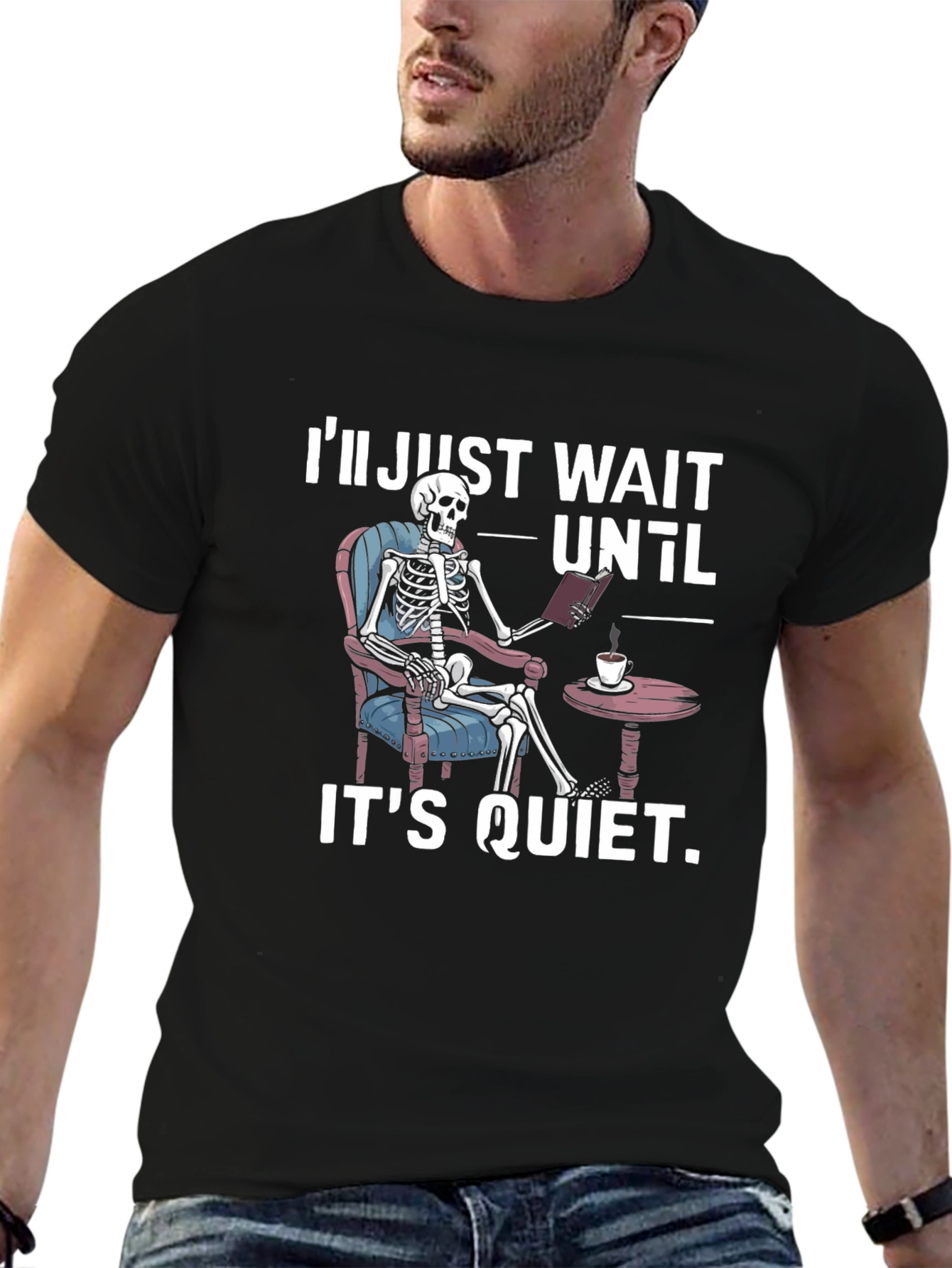 Black Quiet Skeleton Reading T-Shirt view 6