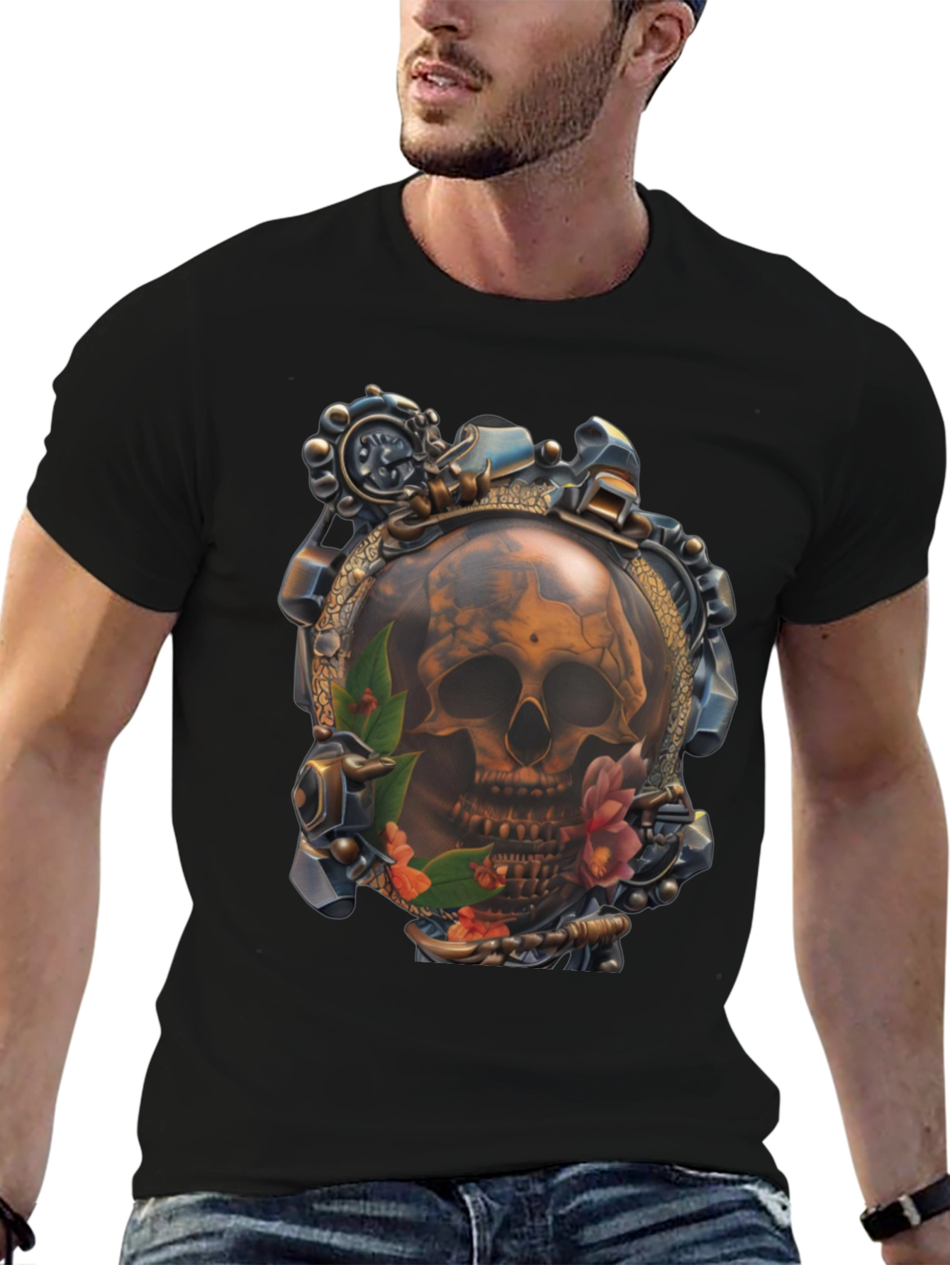 Black Steampunk Skull Graphic T-Shirt view 6