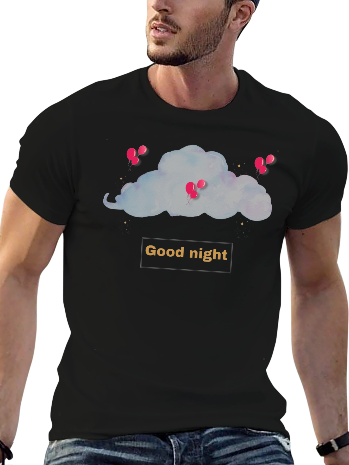 Black Good Night Cloud and Balloons Black T-shirt view 6