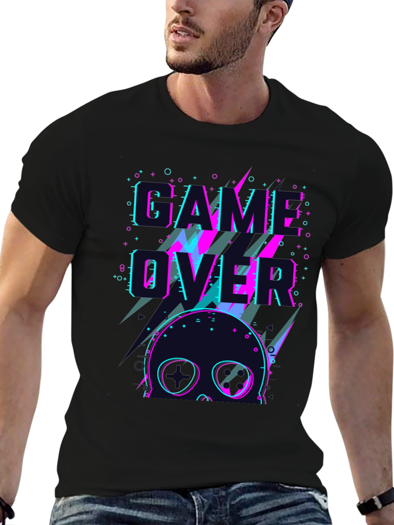 Black Game Over Skull Graphic Tee - Black Crew Neck view 6