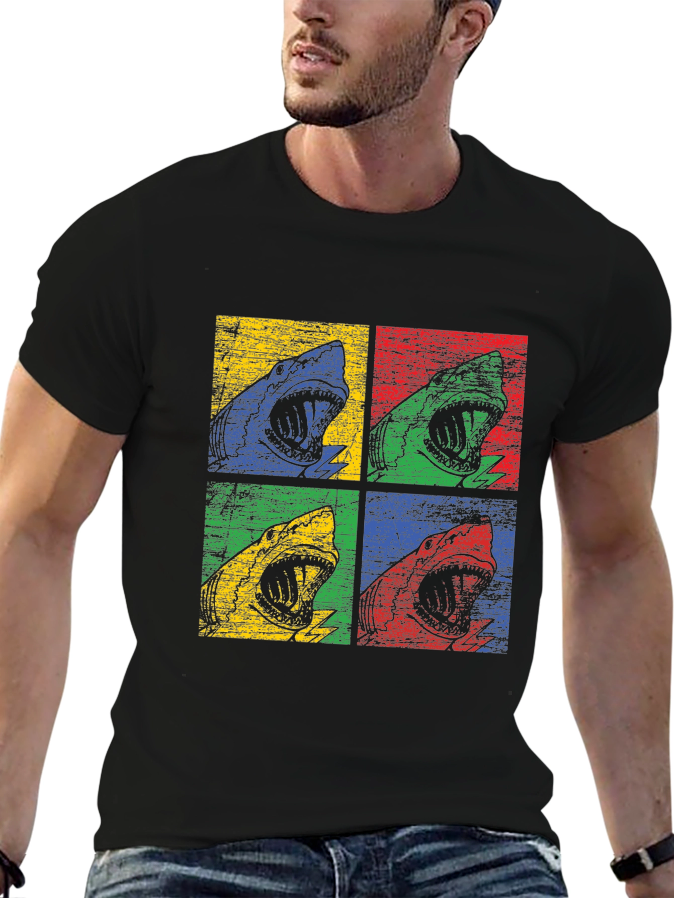 Black Shark Pop Art Graphic Print Black T-Shirt view 6