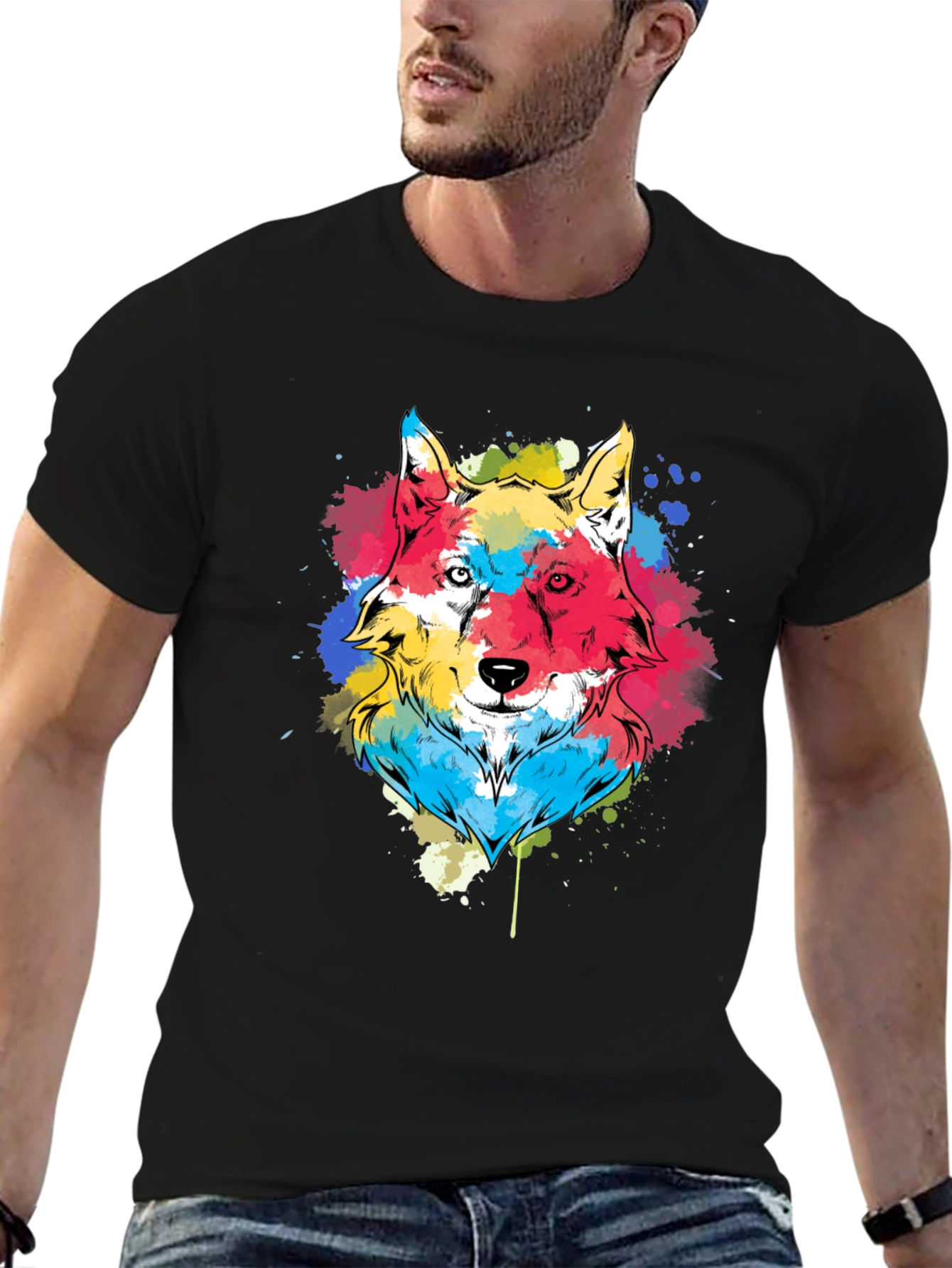 Black Colorful Wolf Graphic Tee - Black Cotton Blend view 6