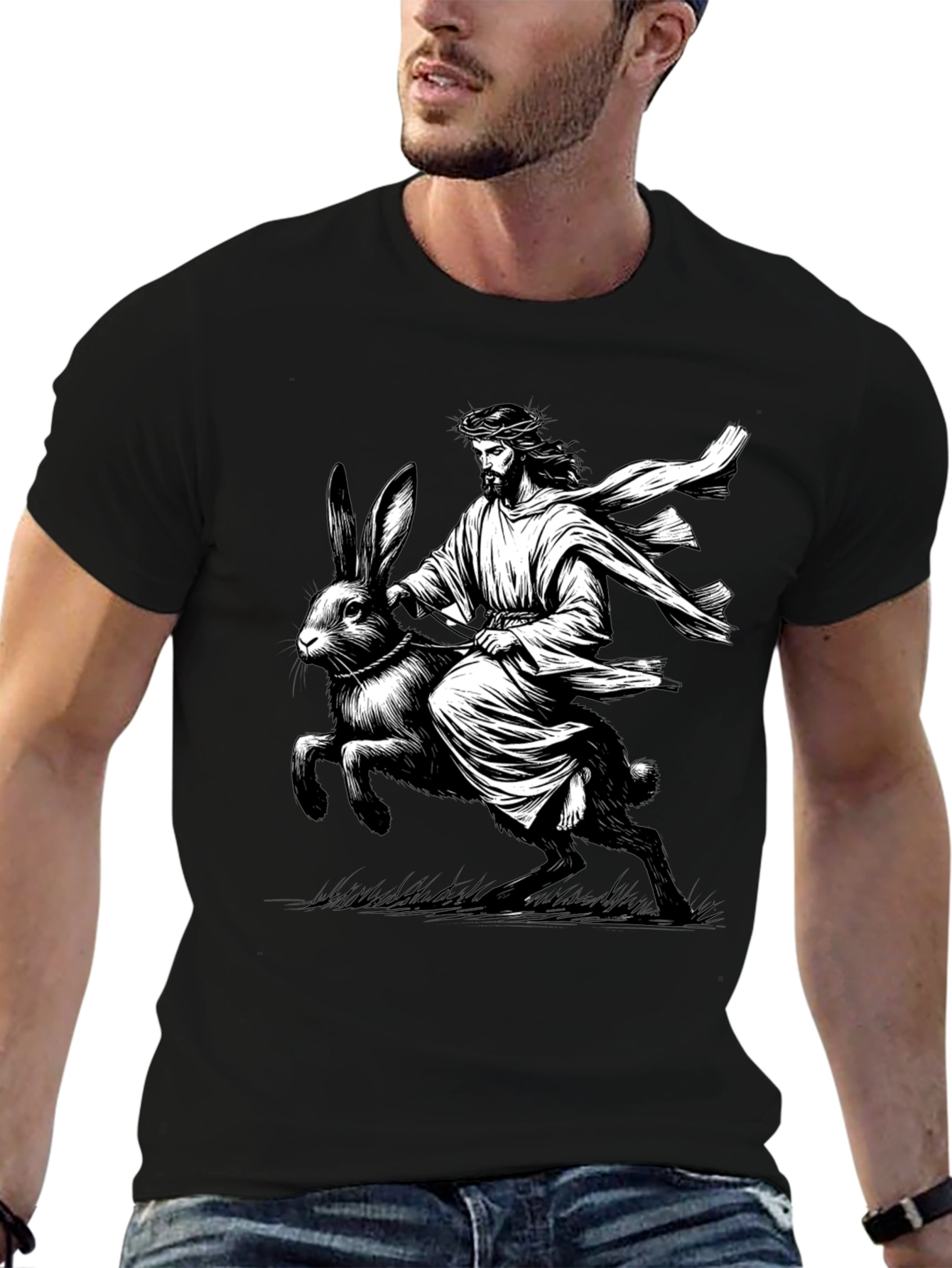 Black Jesus Riding Easter Bunny Graphic Tee view 6